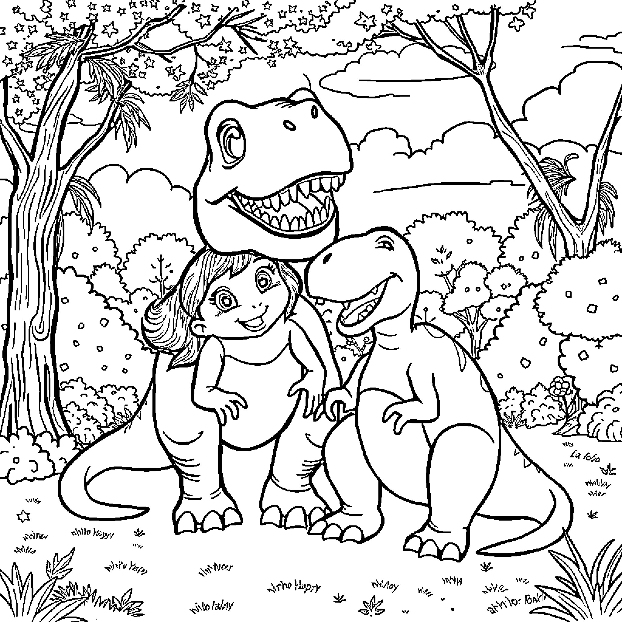 Boo-boo Dinosaur Friends in Enchanting Forest Coloring Page (free black-and-white line drawing printable PDF for all, from beginners to advanced learners, including children, teens, adults, and seniors)