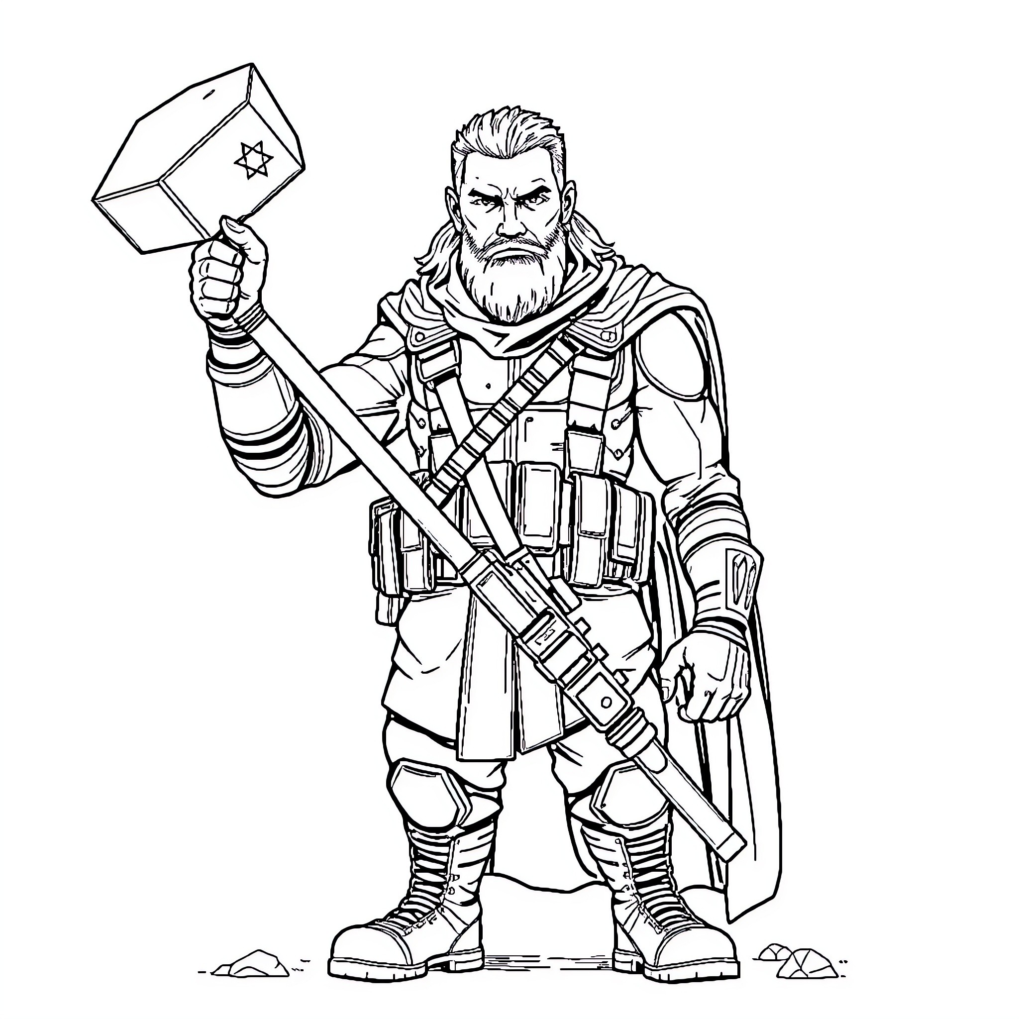Soldier holding battle-ready weapon and equipment Coloring Page (free black-and-white line drawing printable PDF for all, from beginners to advanced learners, including children, teens, adults, and seniors)