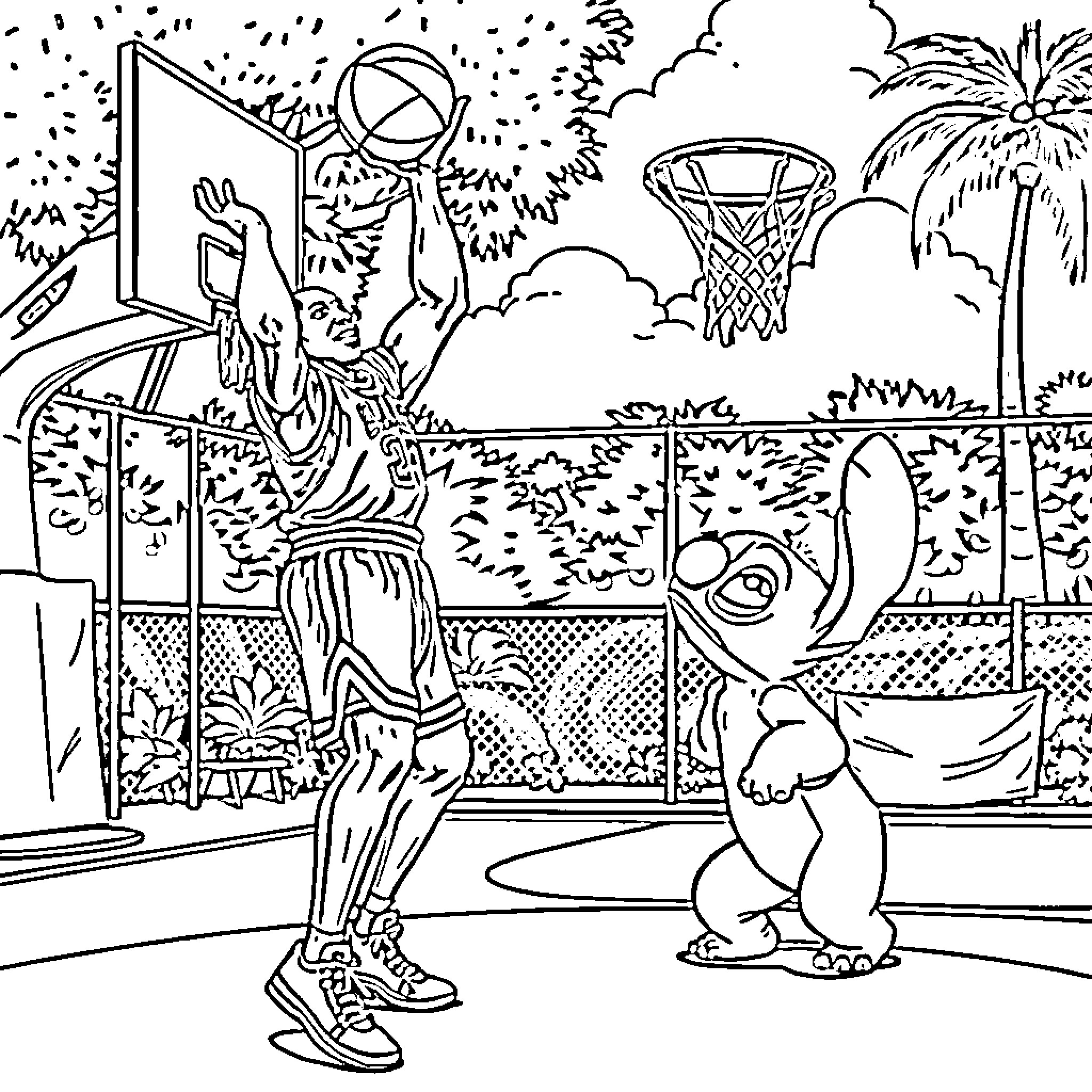Michael Jordan Playing Basketball with Cartoon Character Coloring Page (free black-and-white line drawing printable PDF for all, from beginners to advanced learners, including children, teens, adults, and seniors)