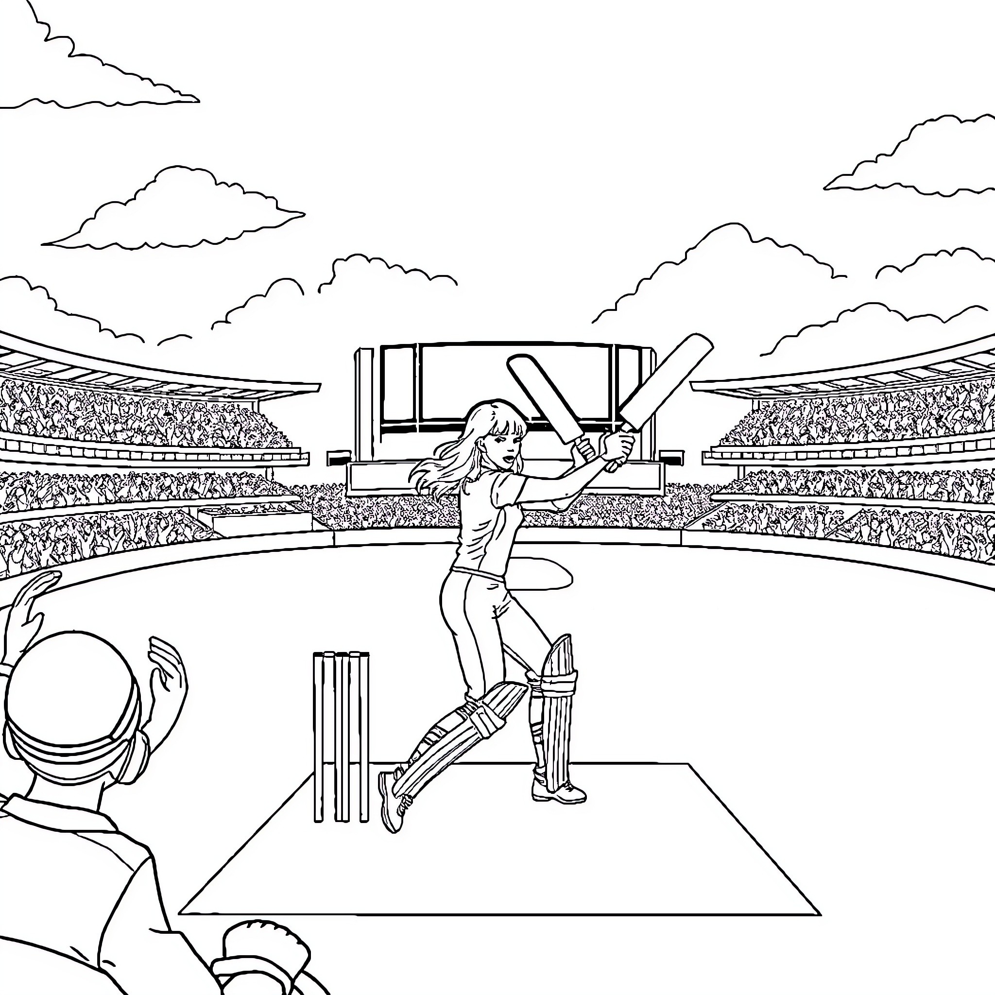 Taylor Swift Performing on Cricket Pitch Stadium Coloring Page (free black-and-white line drawing printable PDF for all, from beginners to advanced learners, including children, teens, adults, and seniors)