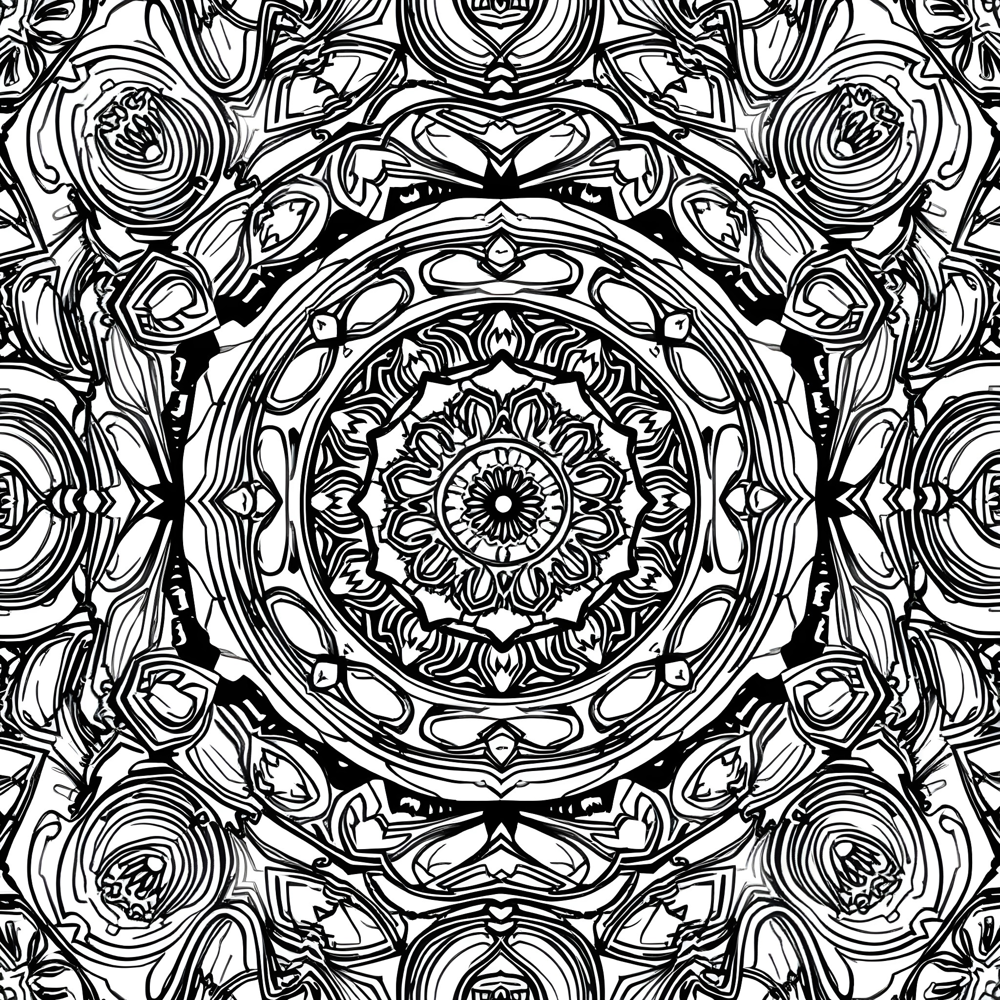 Circle of Intricate Symmetry Coloring Page (free black-and-white line drawing printable PDF for all, from beginners to advanced learners, including children, teens, adults, and seniors)