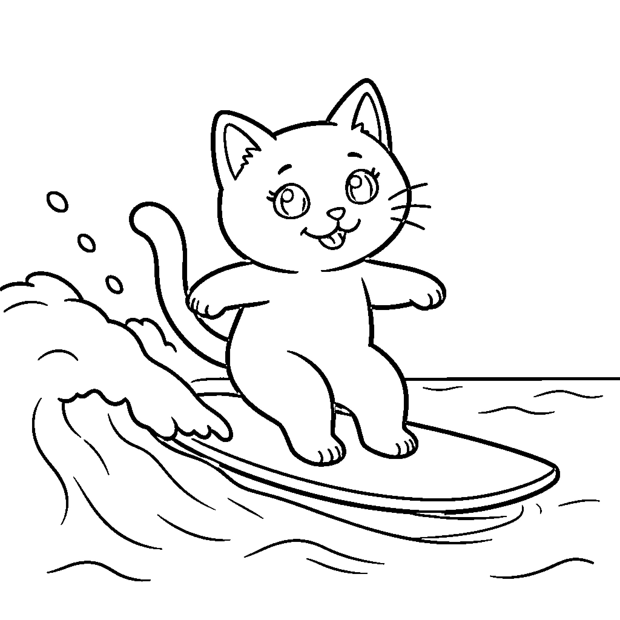 Cat surfing happily on waves Coloring Page (free black-and-white line drawing printable PDF for all, from beginners to advanced learners, including children, teens, adults, and seniors)