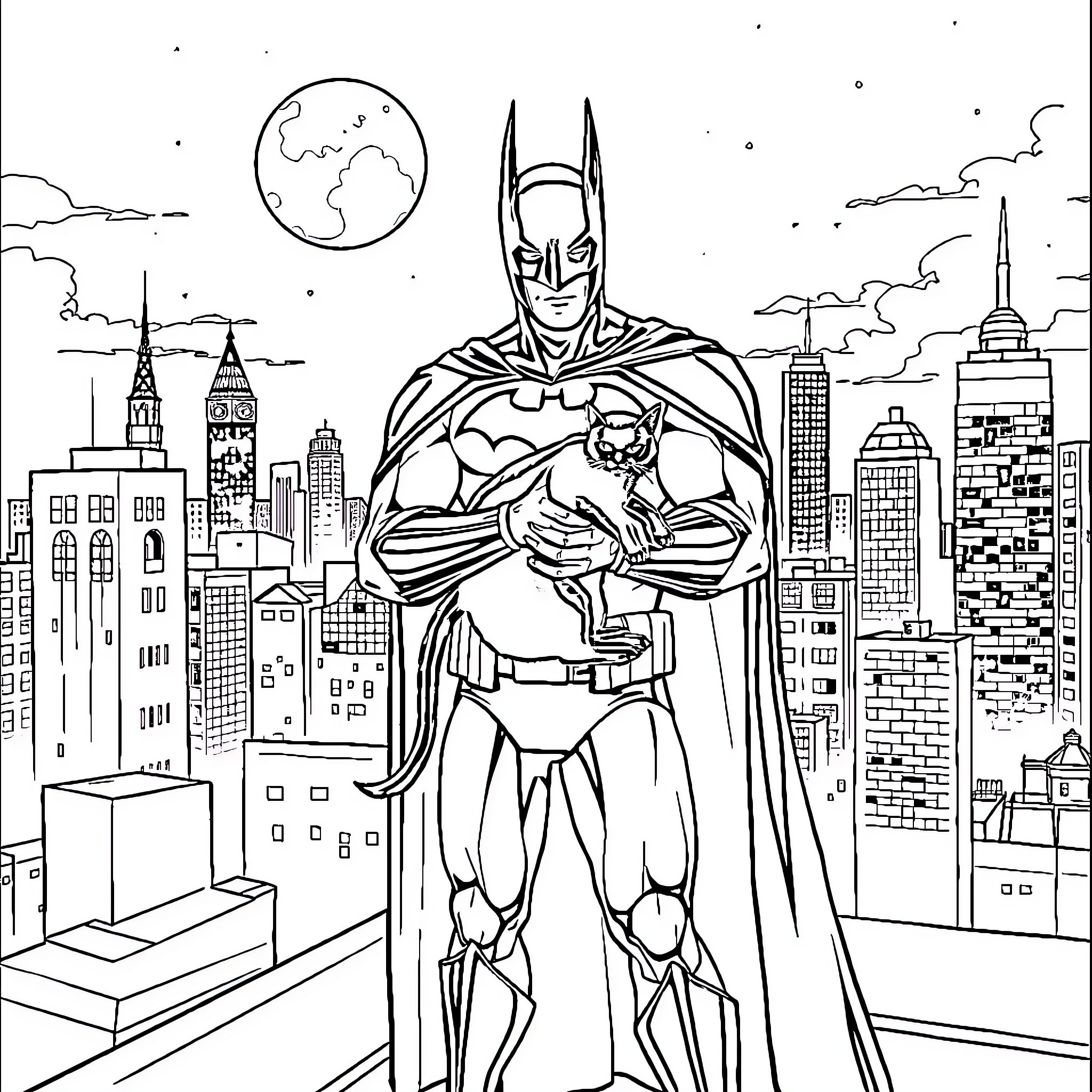 Batman standing heroically in the night city Coloring Page (free black-and-white line drawing printable PDF for all, from beginners to advanced learners, including children, teens, adults, and seniors)