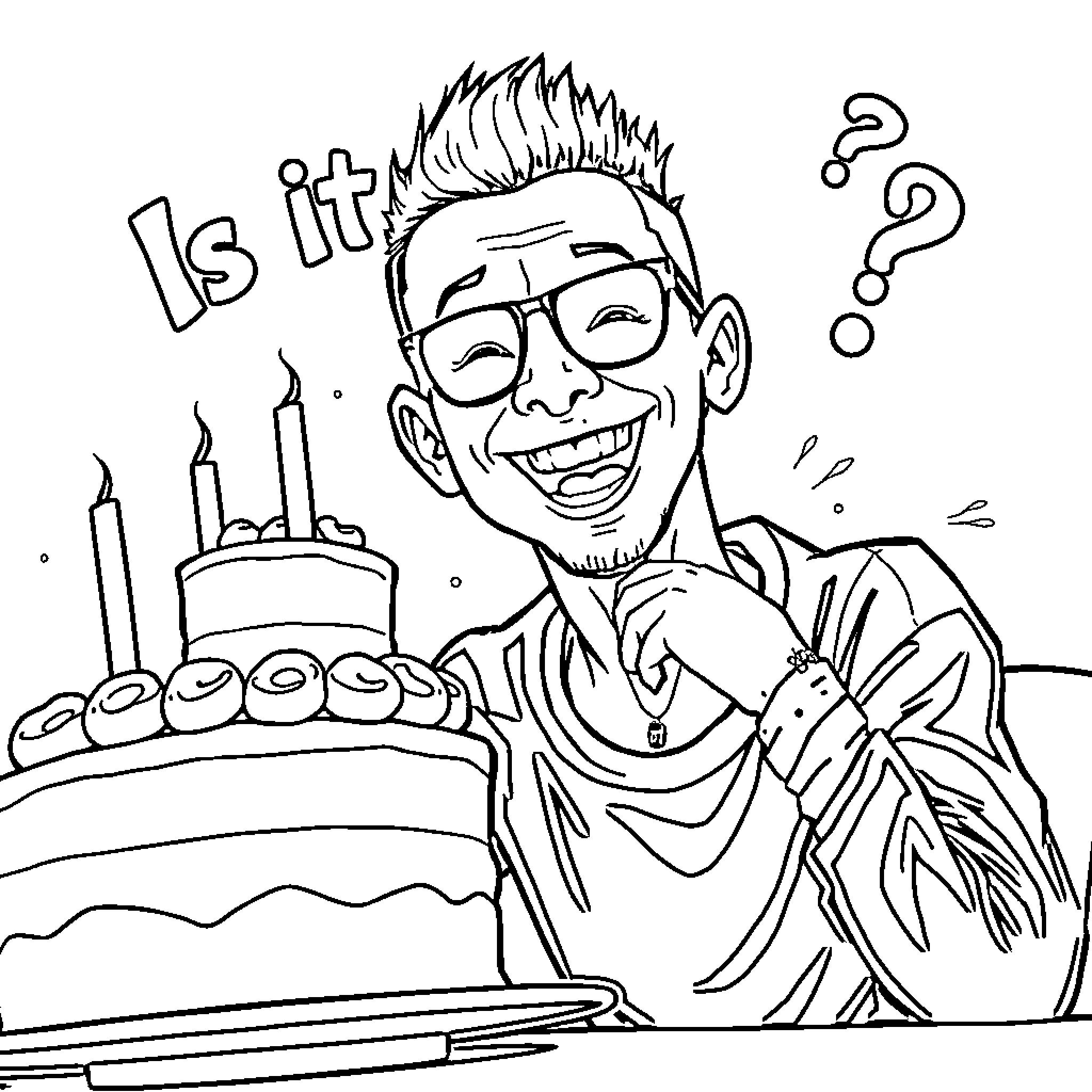 Chester Bennington celebrating birthday with cake and questions Coloring Page (free black-and-white line drawing printable PDF for all, from beginners to advanced learners, including children, teens, adults, and seniors)