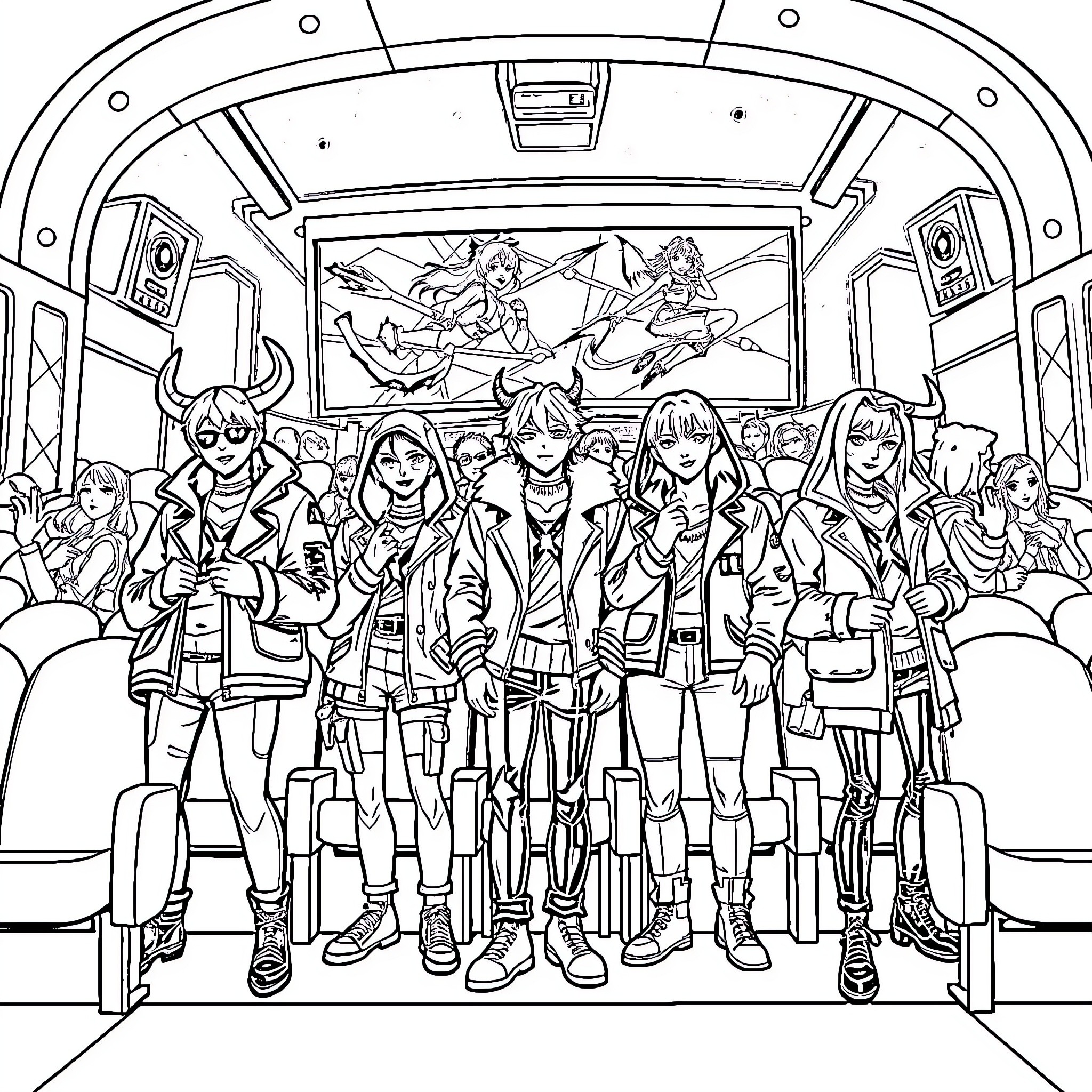 Demon Hunter Embarks on a Heroic Journey with Allies Coloring Page (free black-and-white line drawing printable PDF for all, from beginners to advanced learners, including children, teens, adults, and seniors)