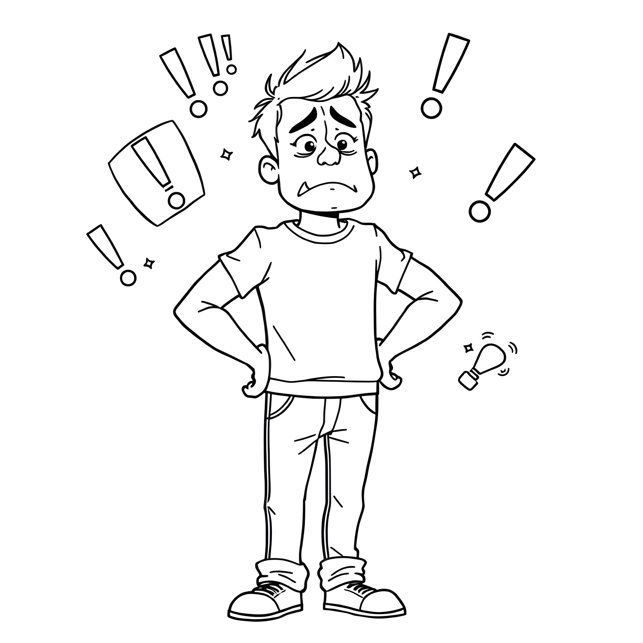 Adult upset with exclamation marks Coloring Page (free black-and-white line drawing printable PDF for all, from beginners to advanced learners, including children, teens, adults, and seniors)