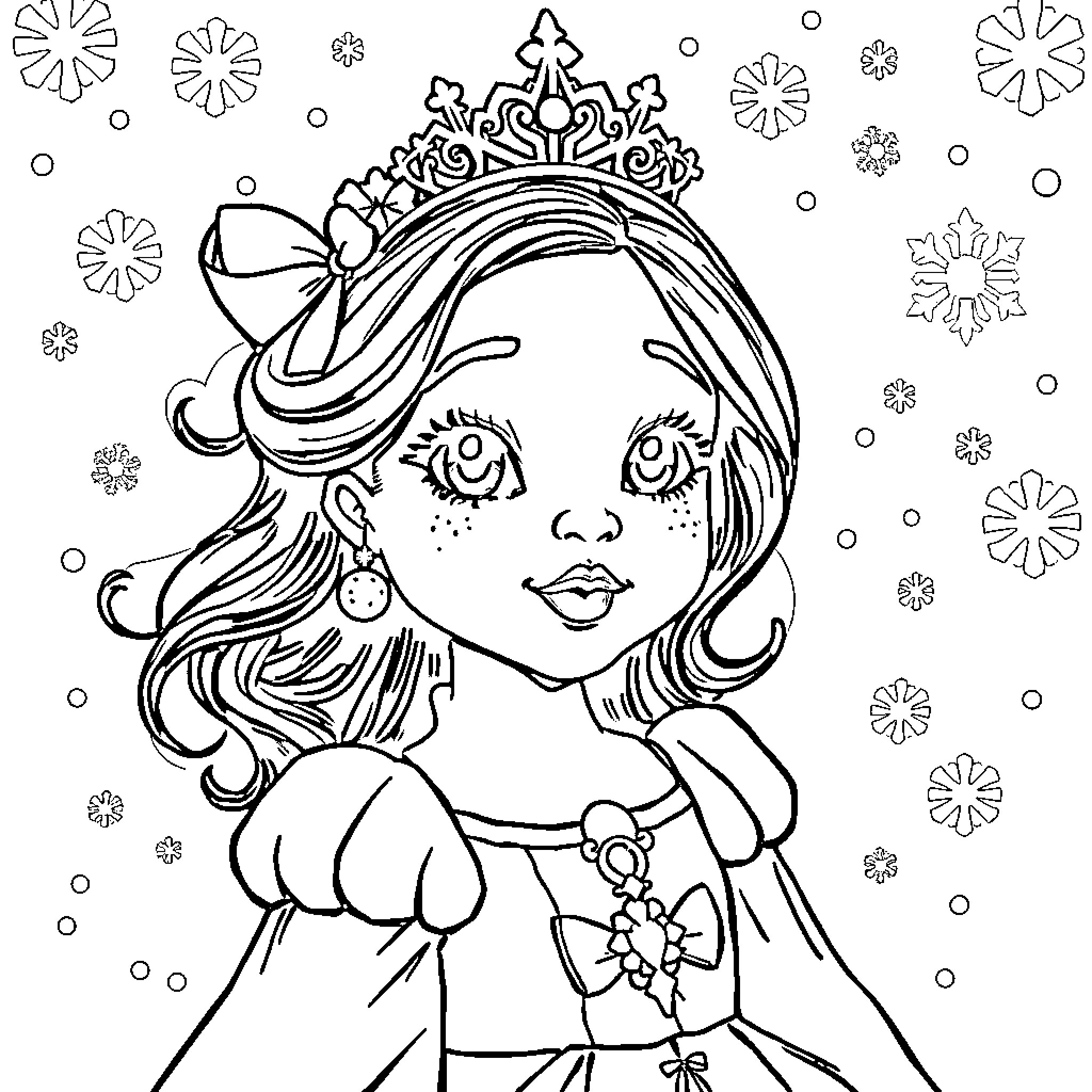 Princess Dressed in Flowery Attire Amid Snowflakes Coloring Page (free black-and-white line drawing printable PDF for all, from beginners to advanced learners, including children, teens, adults, and seniors)