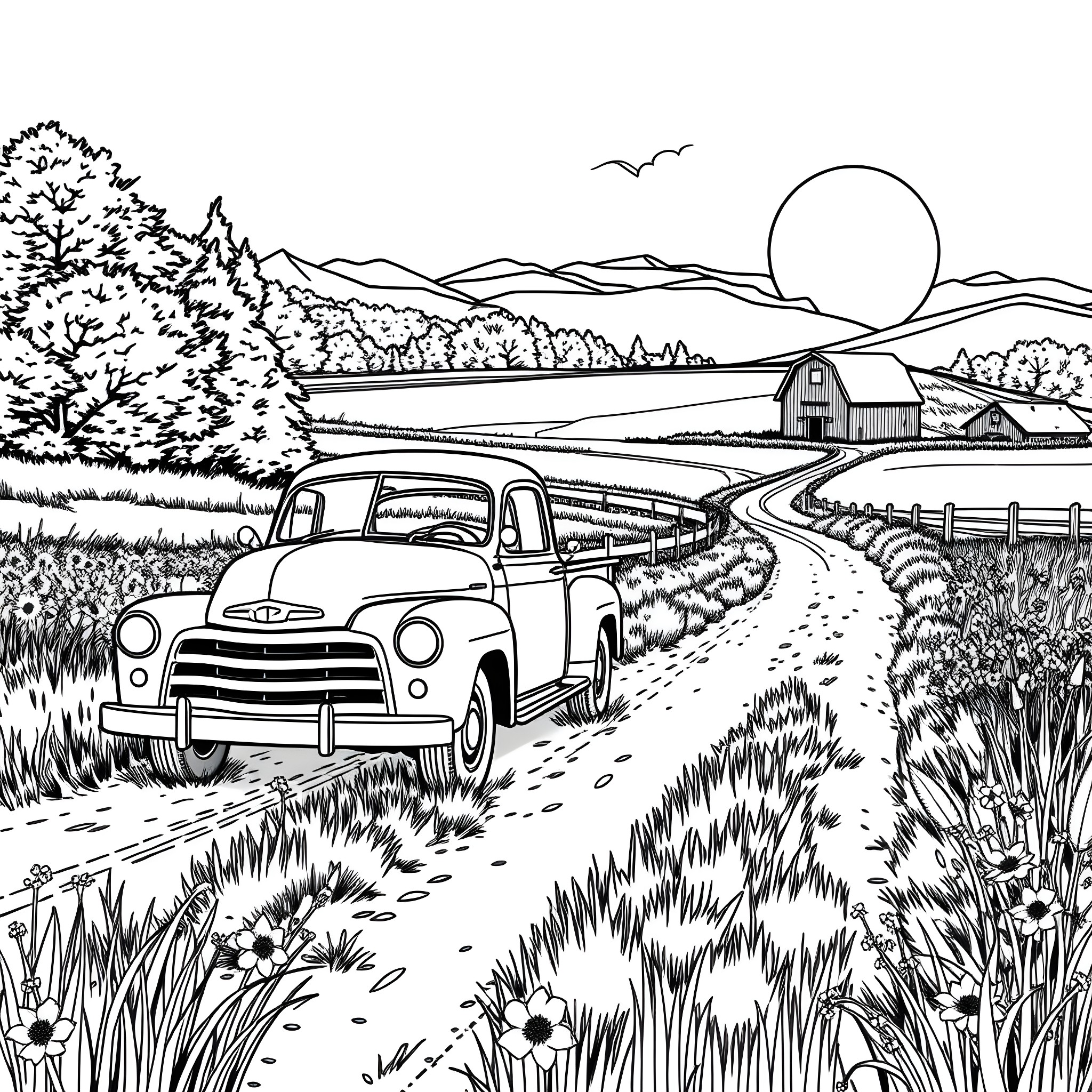 Truck Traveling Through Idyllic Rural Landscape Coloring Page (free black-and-white line drawing printable PDF for all, from beginners to advanced learners, including children, teens, adults, and seniors)