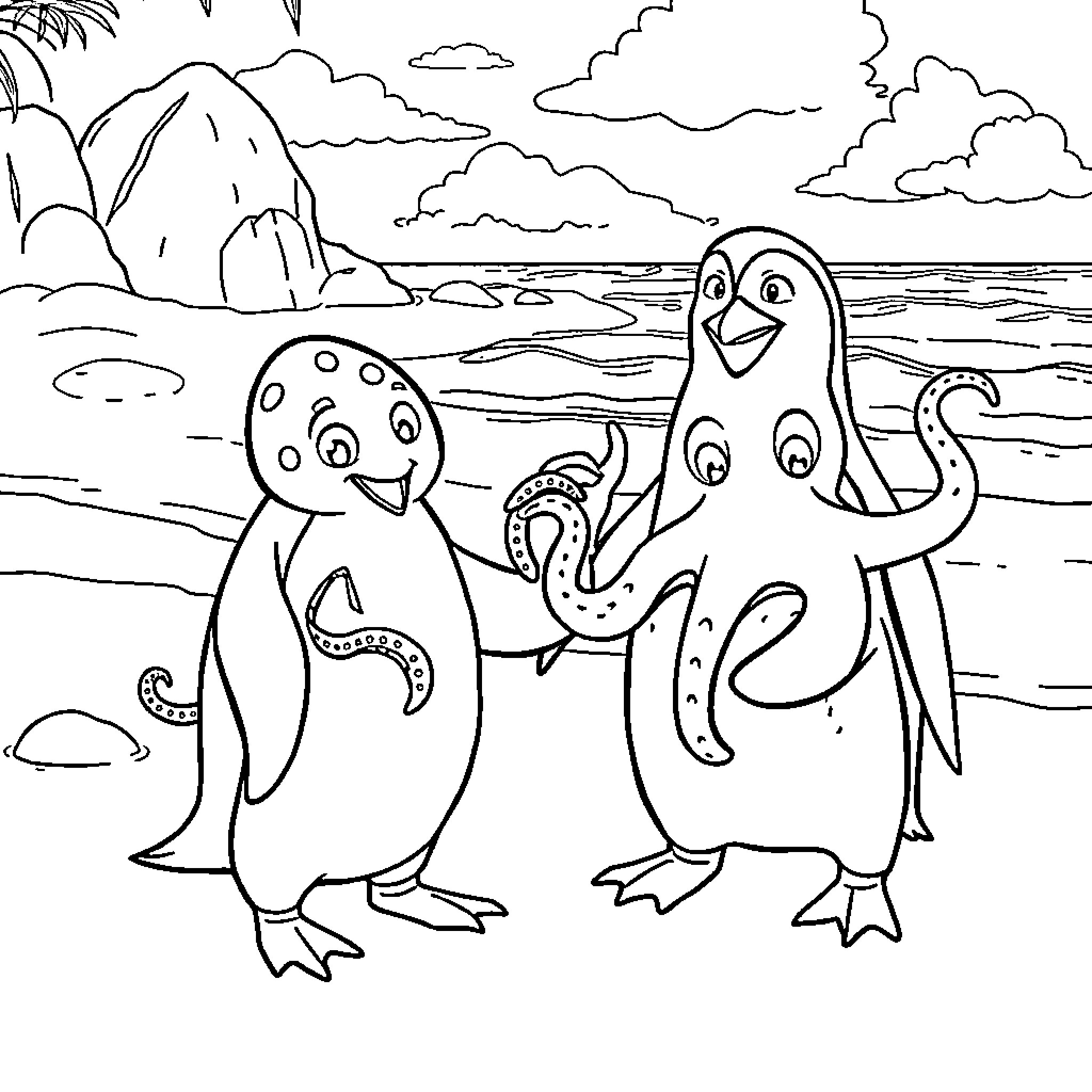 Penguins playing happily on the beach Coloring Page (free black-and-white line drawing printable PDF for all, from beginners to advanced learners, including children, teens, adults, and seniors)