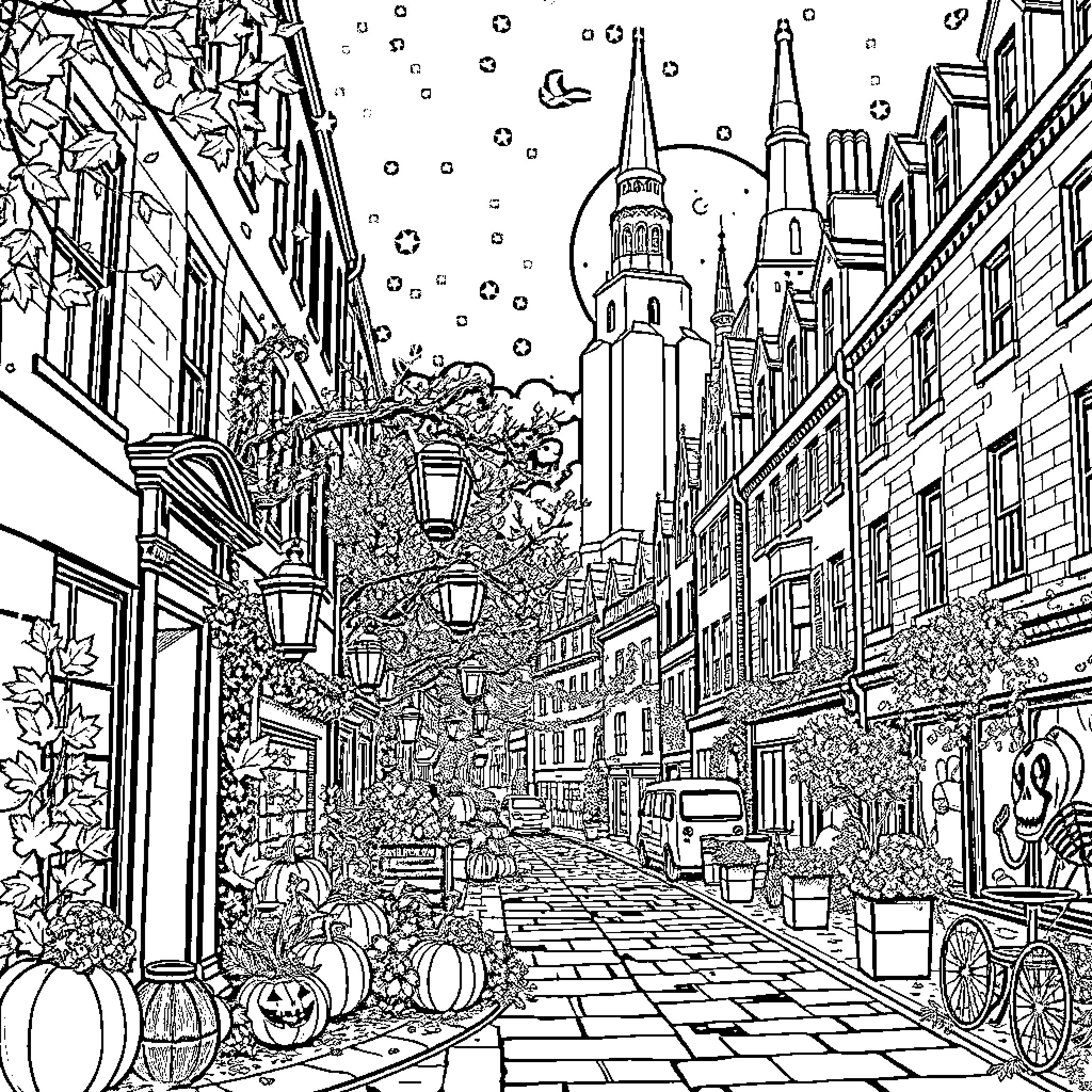 Autumn in the Historic City Street Coloring Page (free black-and-white line drawing printable PDF for all, from beginners to advanced learners, including children, teens, adults, and seniors)