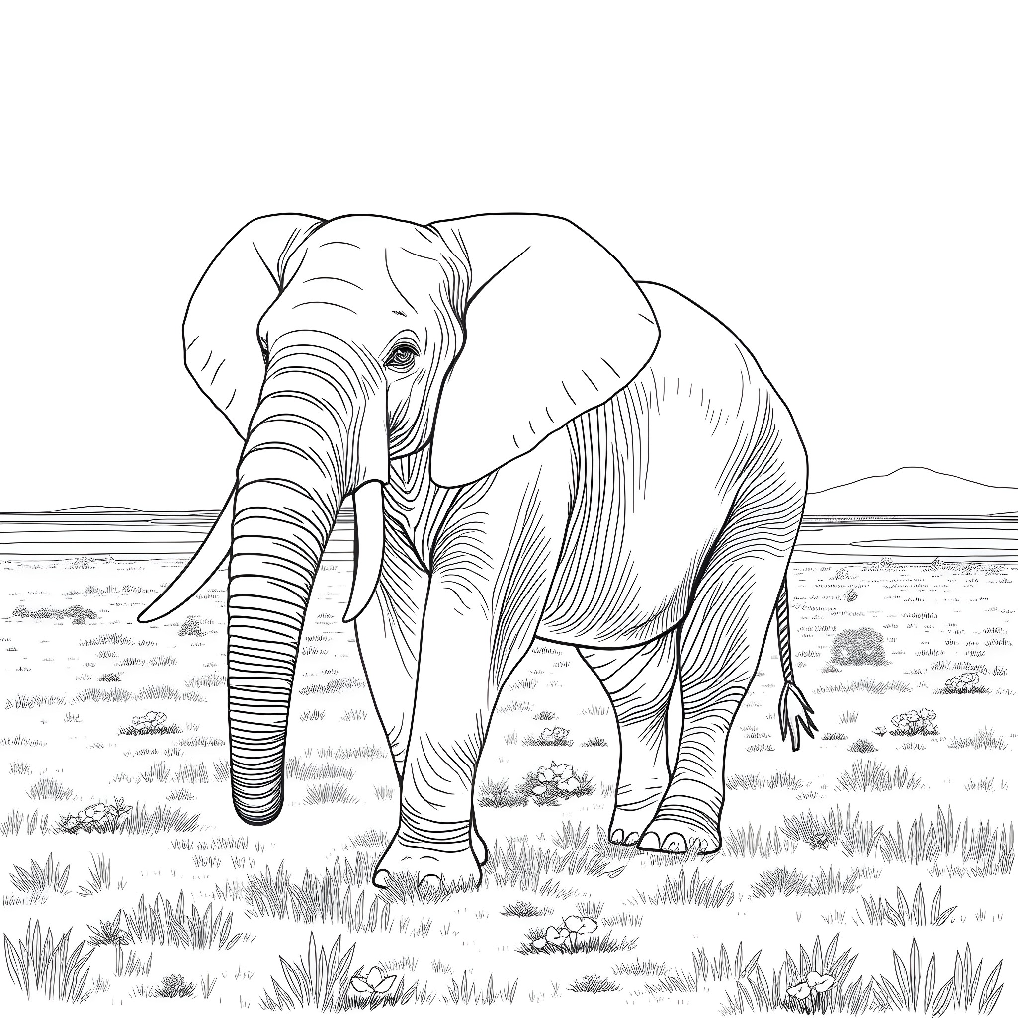 Elephant standing majestically in the wilderness Coloring Page (free black-and-white line drawing printable PDF for all, from beginners to advanced learners, including children, teens, adults, and seniors)