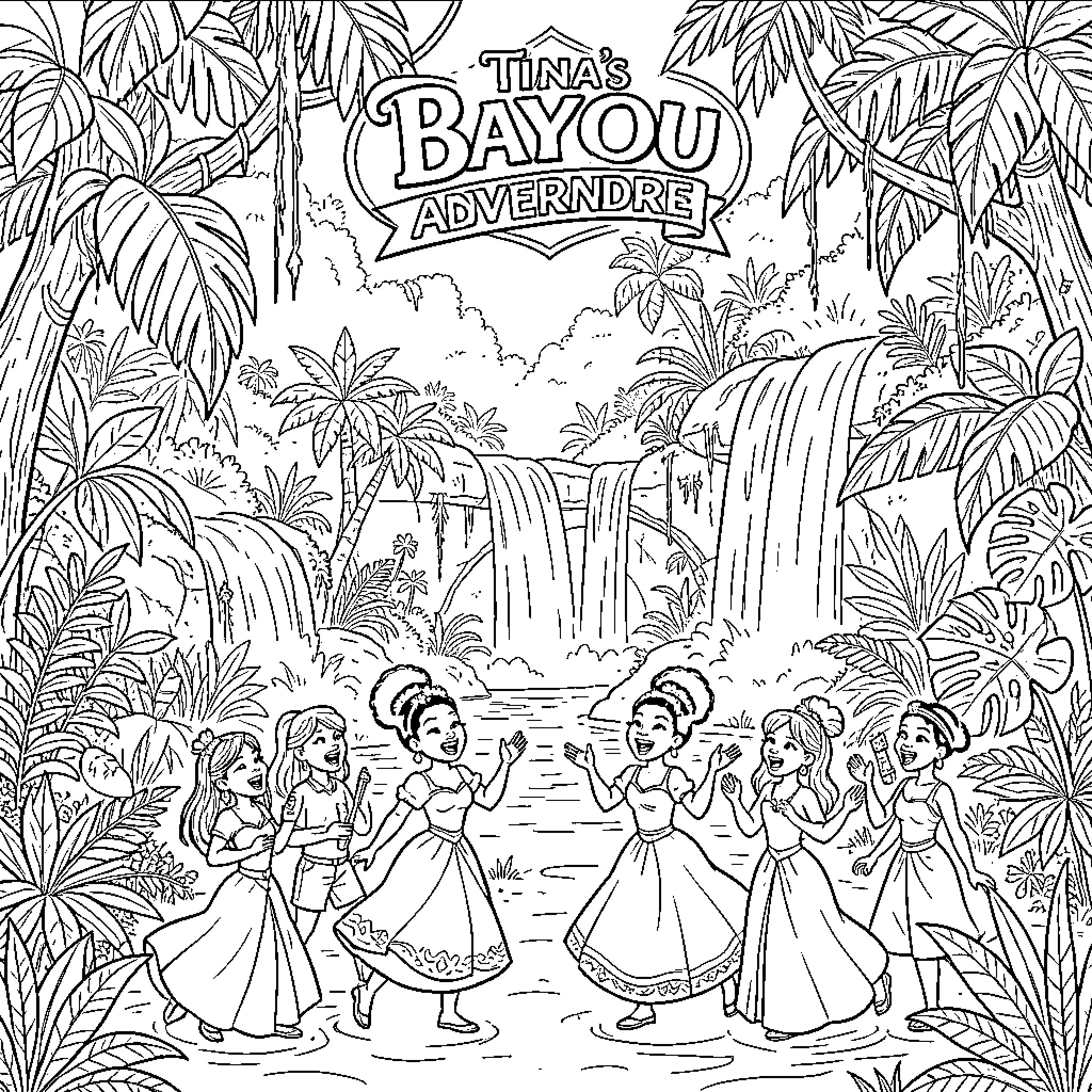 Tiana and friends dancing joyfully by a waterfall Coloring Page (free black-and-white line drawing printable PDF for all, from beginners to advanced learners, including children, teens, adults, and seniors)