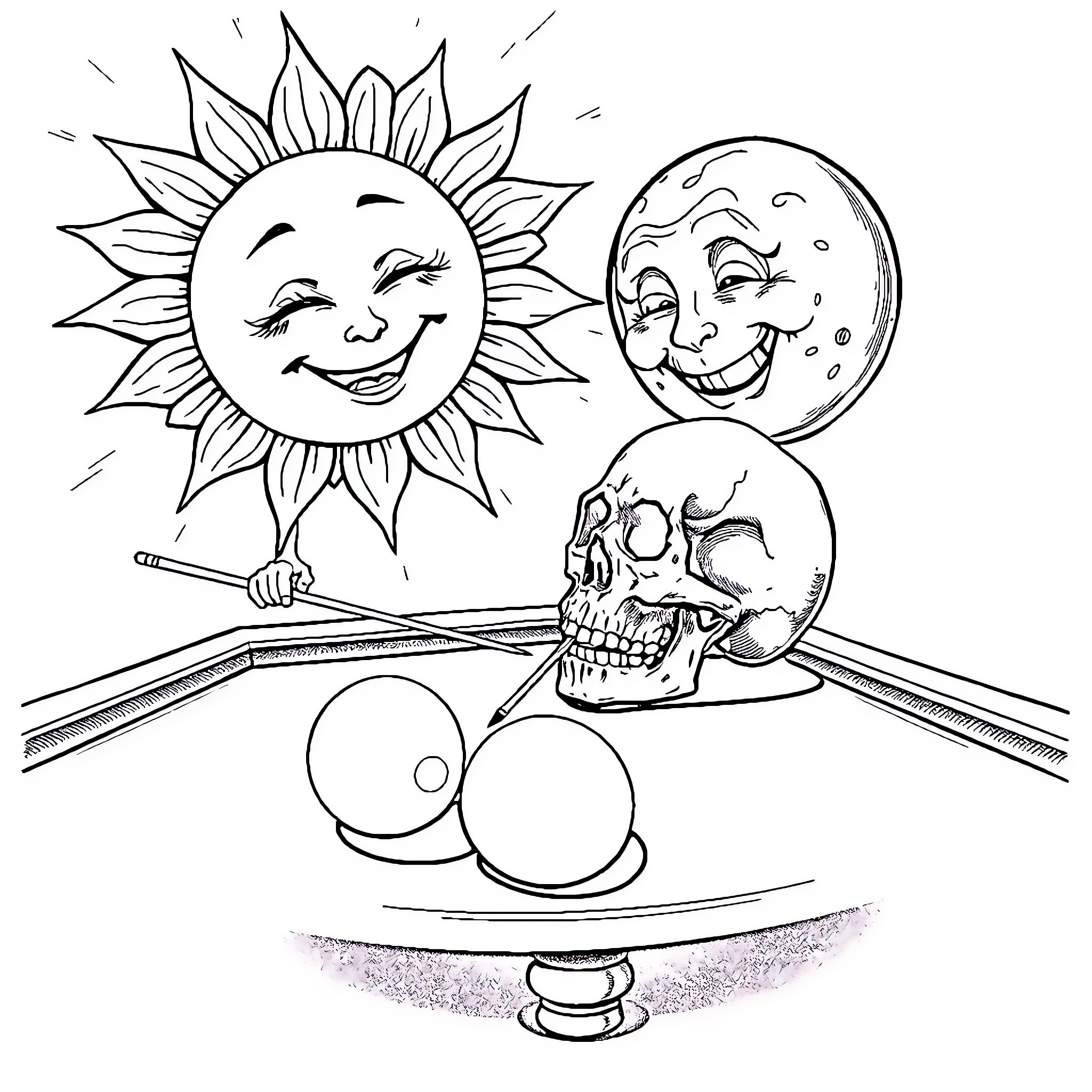 Sun and Moon Enjoying the Balancing Act Coloring Page (free black-and-white line drawing printable PDF for all, from beginners to advanced learners, including children, teens, adults, and seniors)