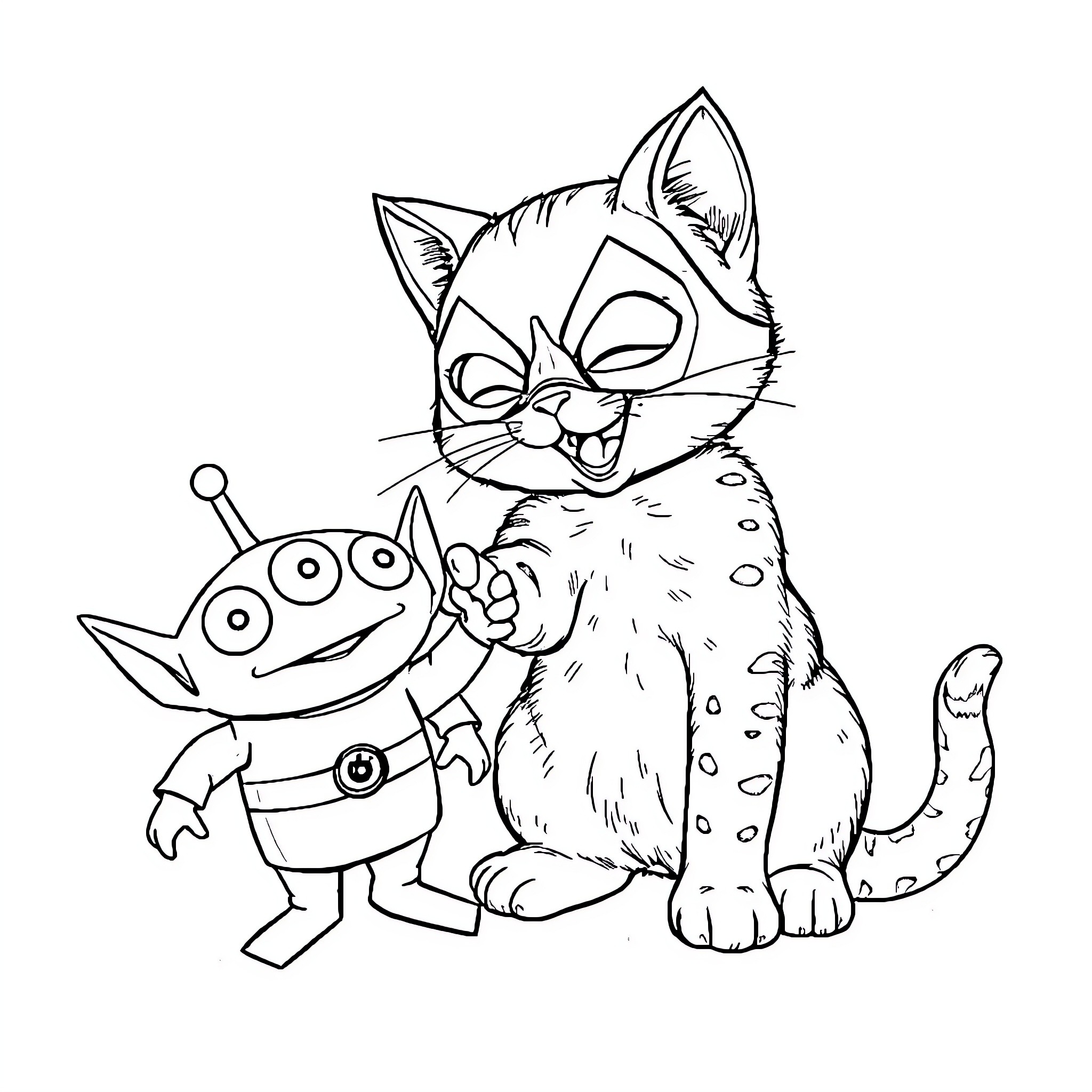 Cat playing with alien toy Coloring Page (free black-and-white line drawing printable PDF for all, from beginners to advanced learners, including children, teens, adults, and seniors)