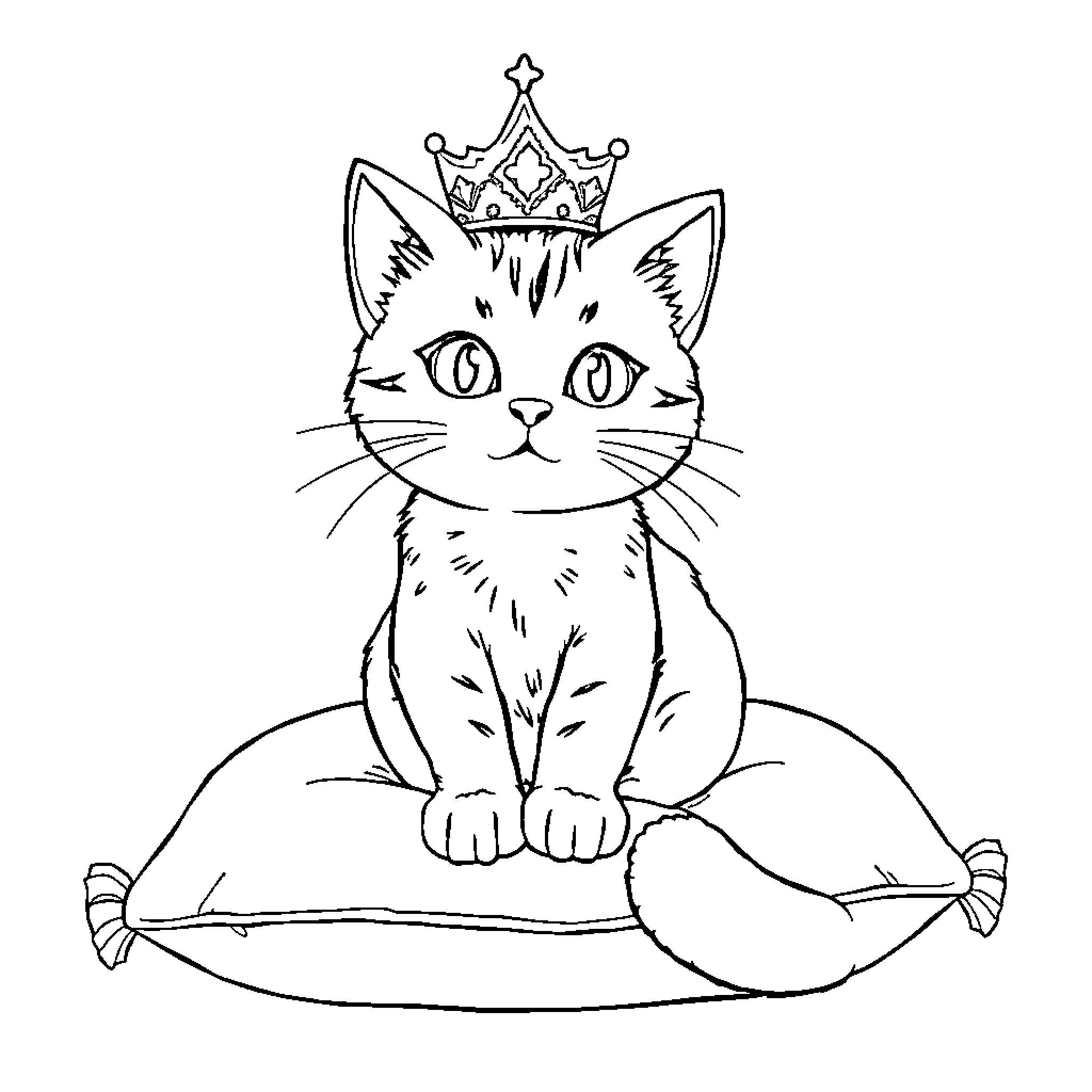 Princess Cat sitting on a pillow wearing a crown Coloring Page (free black-and-white line drawing printable PDF for all, from beginners to advanced learners, including children, teens, adults, and seniors)