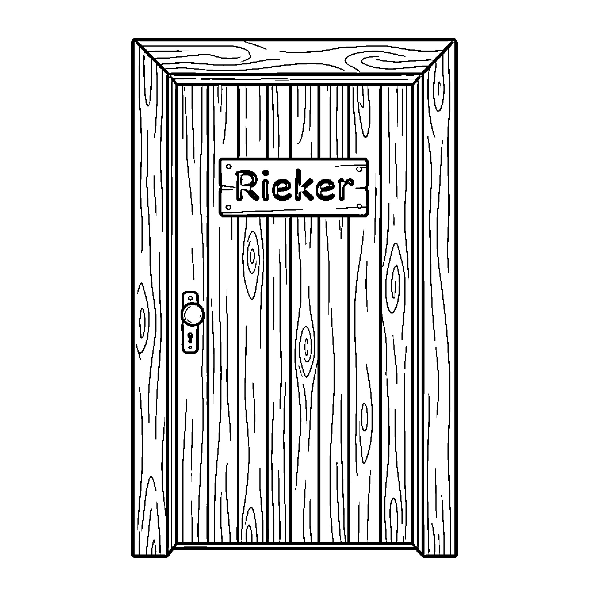 Door with 'Rieker' Sign on Wooden Planks Coloring Page (free black-and-white line drawing printable PDF for all, from beginners to advanced learners, including children, teens, adults, and seniors)
