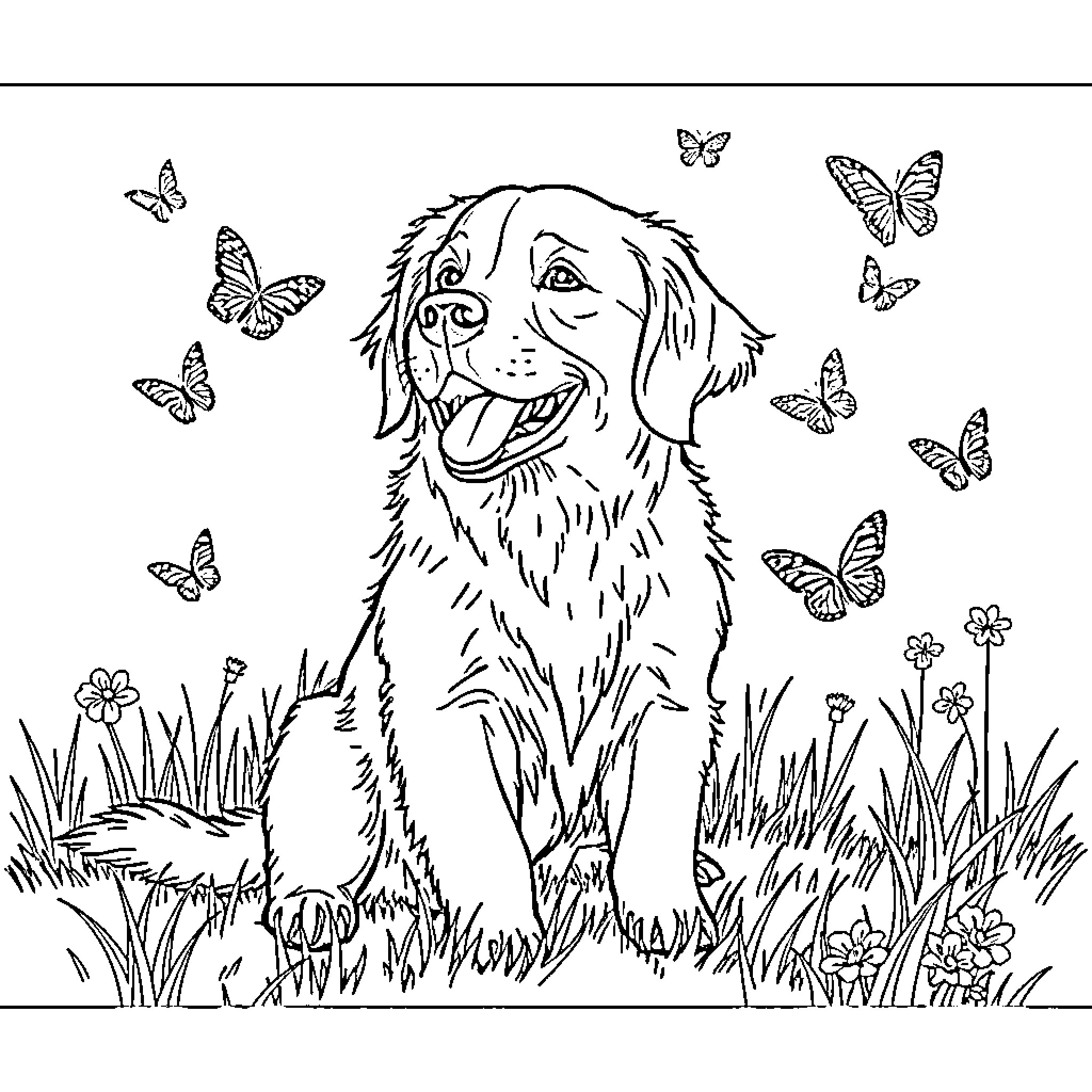 Golden Retriever enjoying nature and butterflies Coloring Page (free black-and-white line drawing printable PDF for all, from beginners to advanced learners, including children, teens, adults, and seniors)