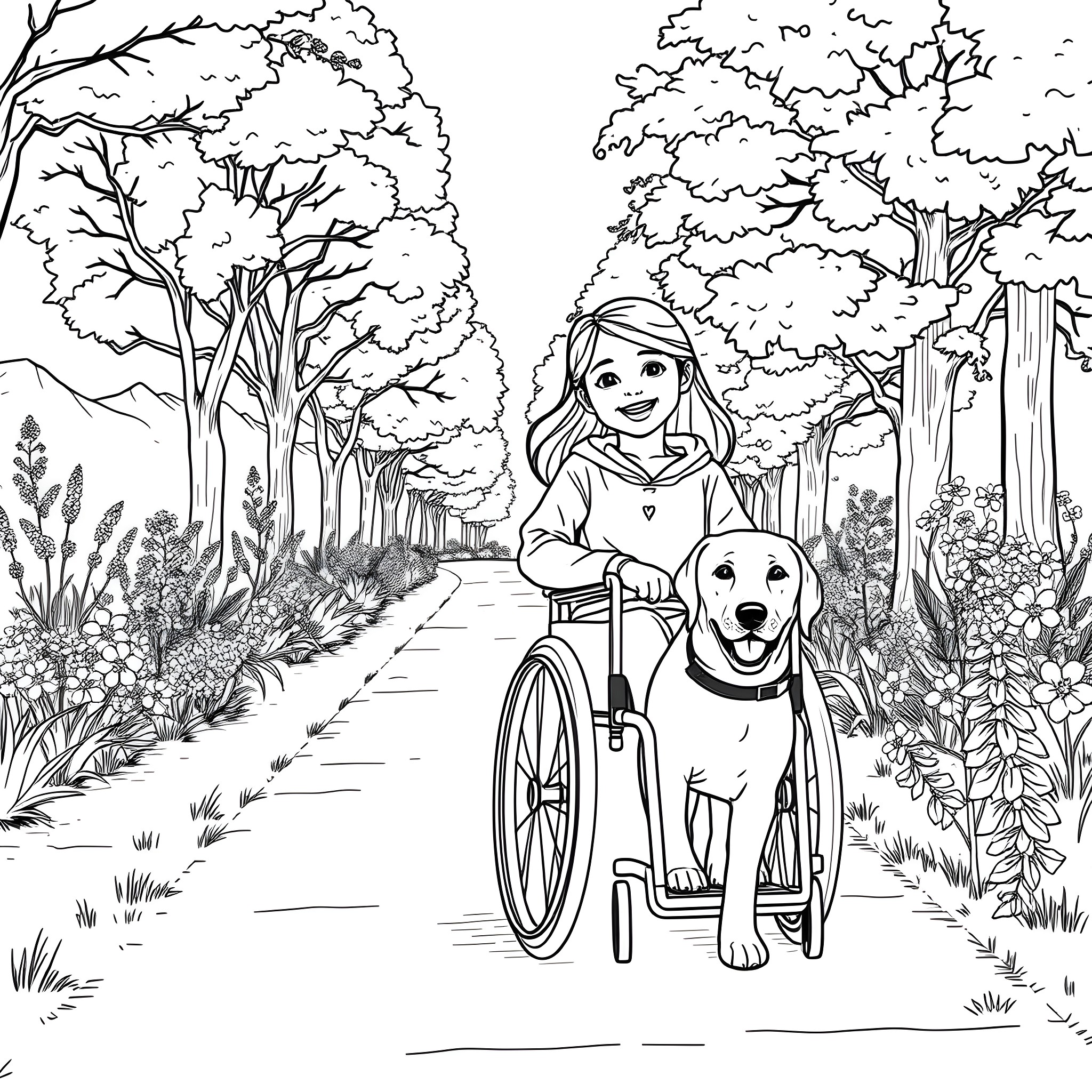 Teen Girl Exploring Nature with Her Furry Companion Coloring Page (free black-and-white line drawing printable PDF for all, from beginners to advanced learners, including children, teens, adults, and seniors)