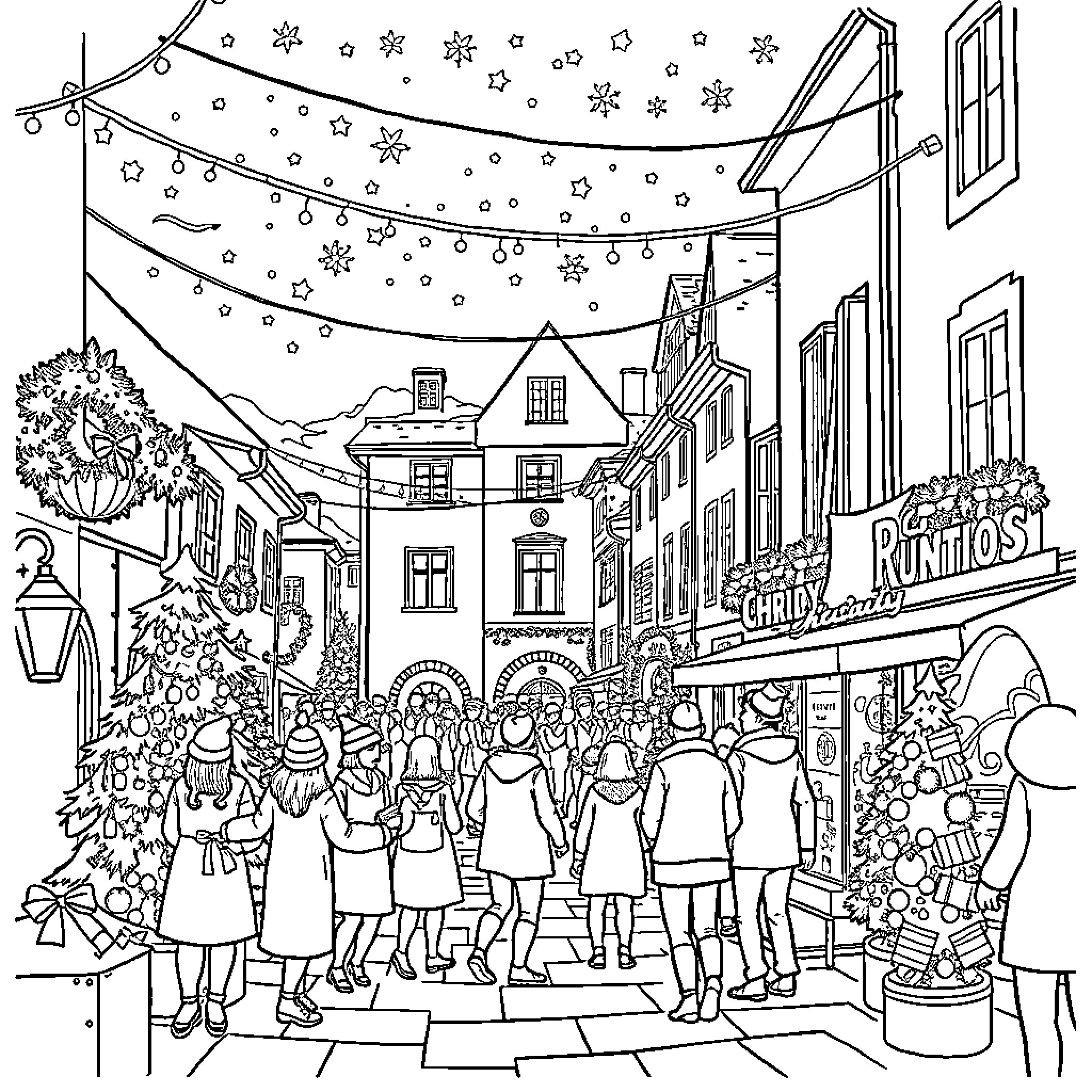 Christmas scene of town with festive decorations and crowds Coloring Page (free black-and-white line drawing printable PDF for all, from beginners to advanced learners, including children, teens, adults, and seniors)