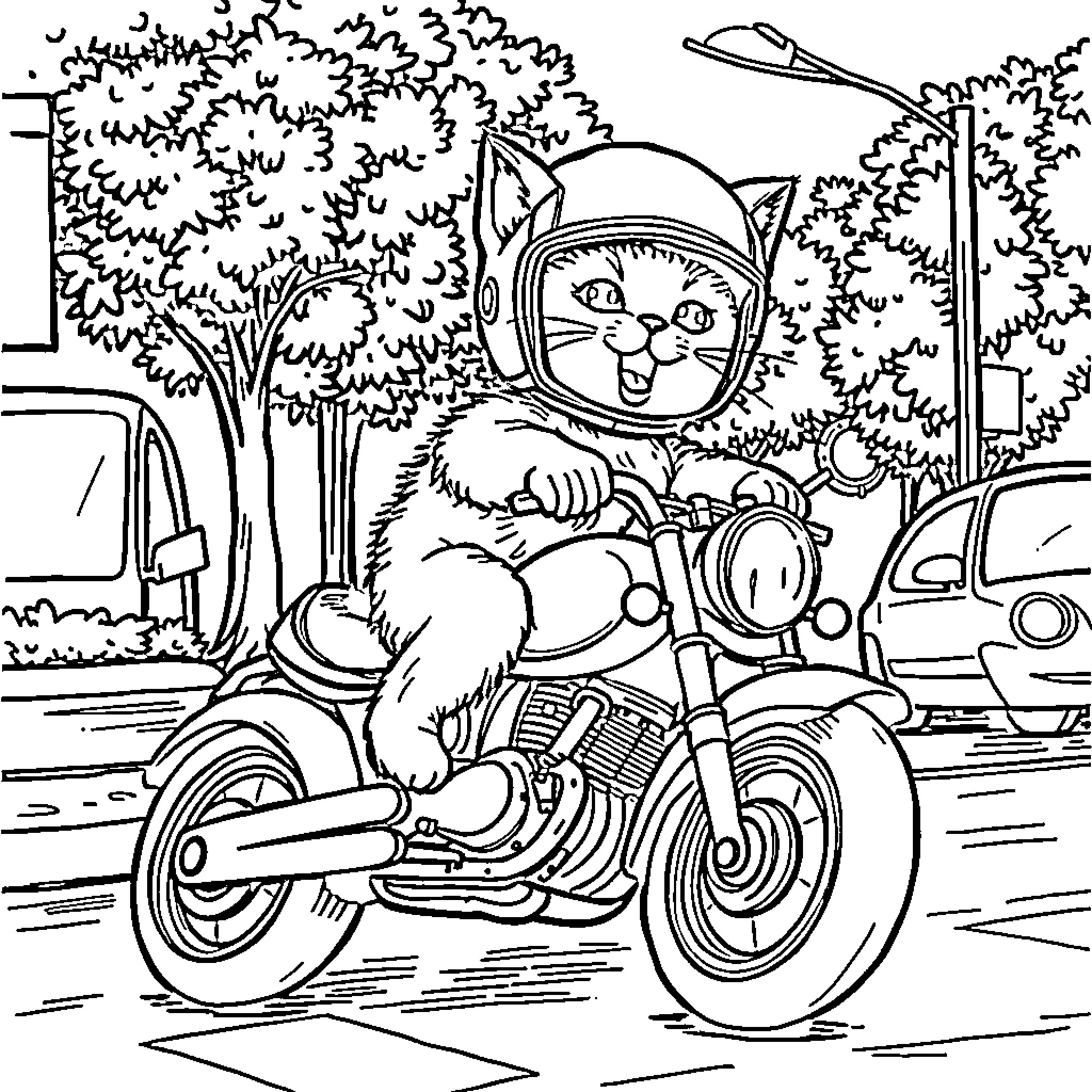 Cat Riding a Motorcycle in a Wooded Scene Coloring Page (free black-and-white line drawing printable PDF for all, from beginners to advanced learners, including children, teens, adults, and seniors)
