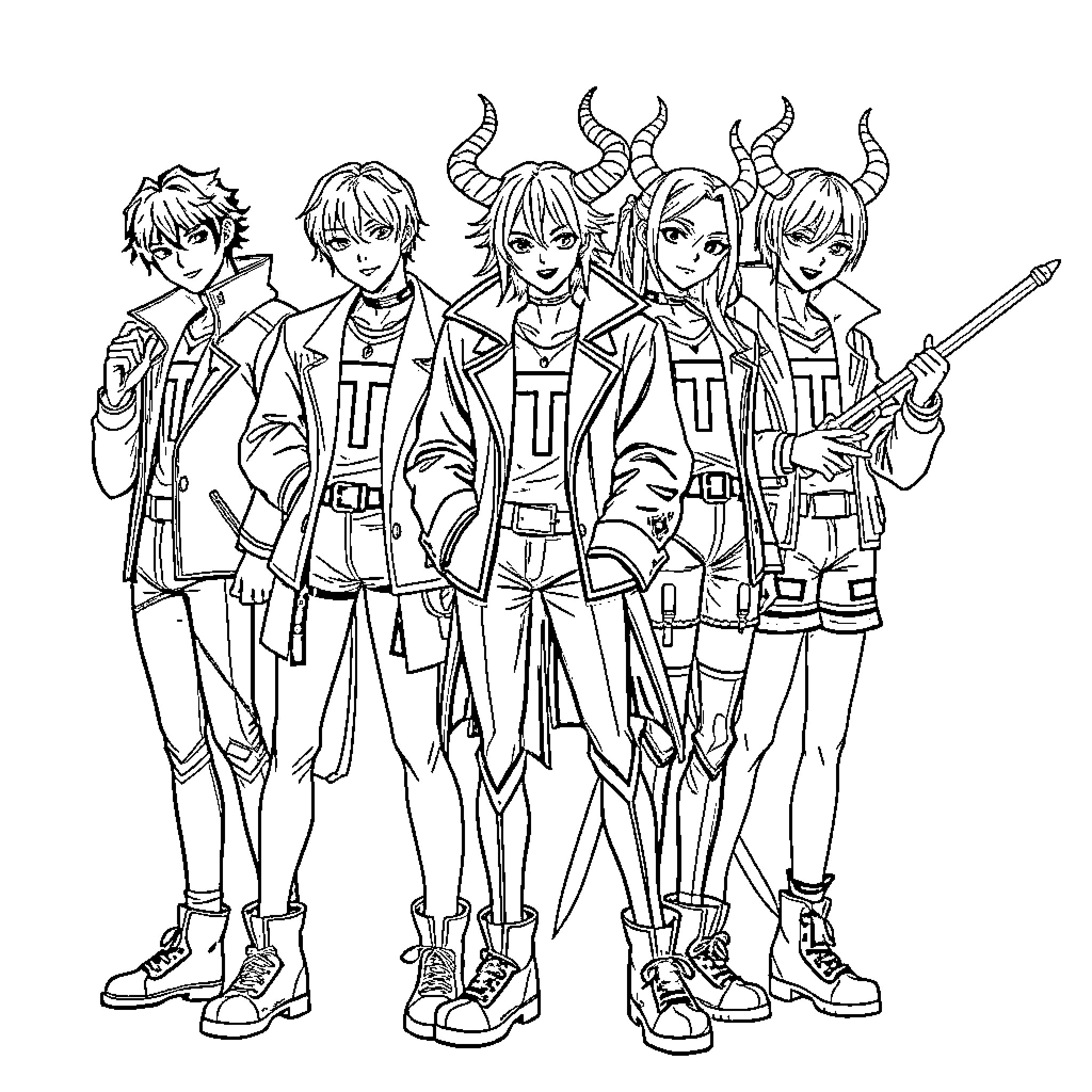 Demon Hunters in Action: A Fierce Group Portrait Coloring Page (free black-and-white line drawing printable PDF for all, from beginners to advanced learners, including children, teens, adults, and seniors)