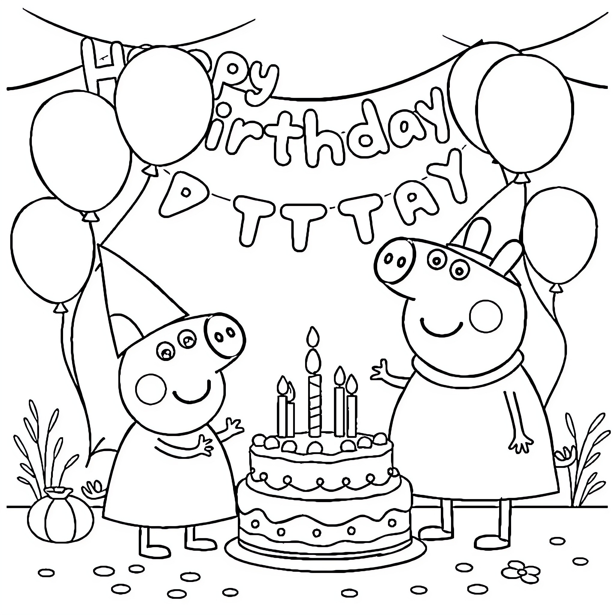 Peppa Pig and friends celebrate birthday party Coloring Page (free black-and-white line drawing printable PDF for all, from beginners to advanced learners, including children, teens, adults, and seniors)