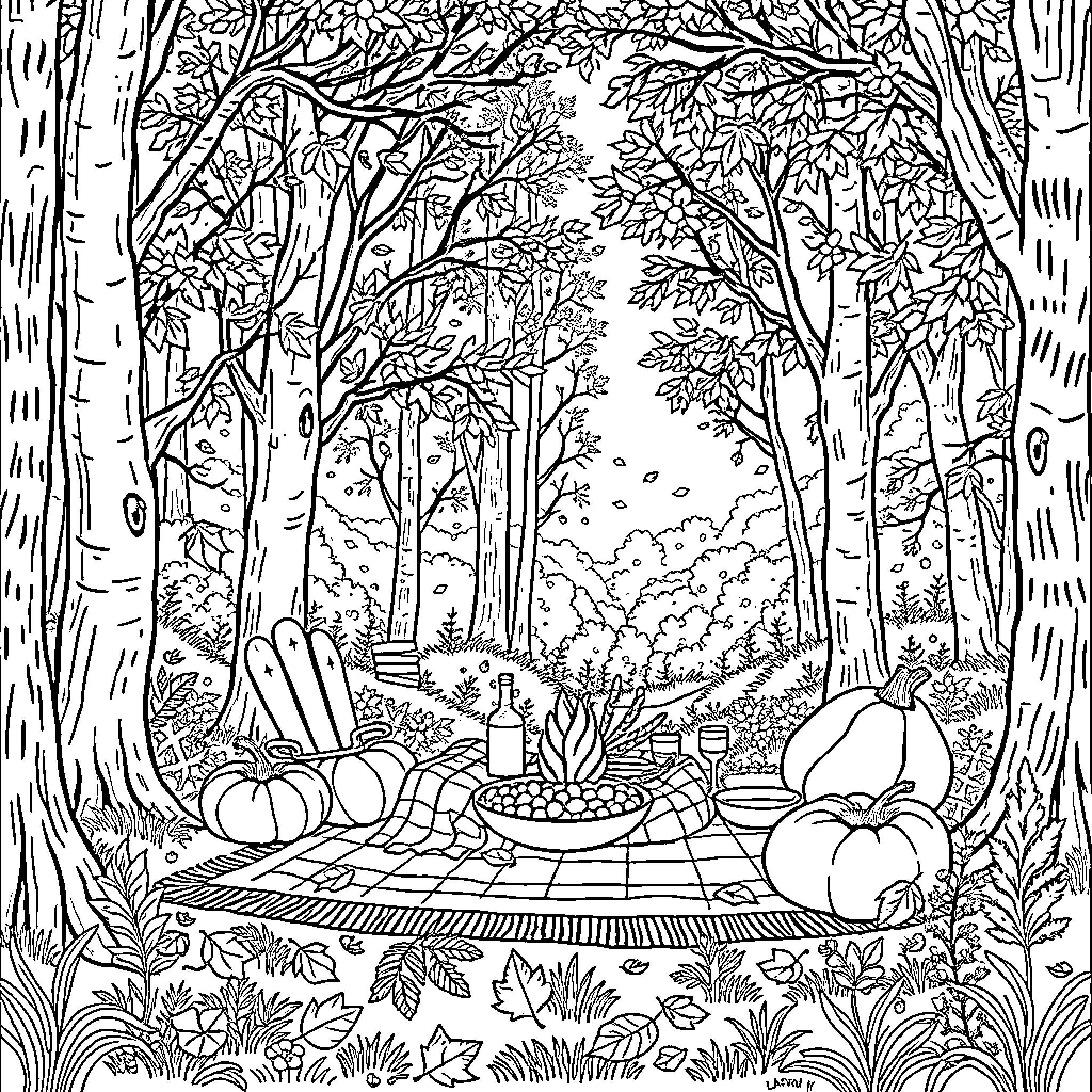 Forest Picnic Scene with Autumn Foliage Coloring Page (free black-and-white line drawing printable PDF for all, from beginners to advanced learners, including children, teens, adults, and seniors)