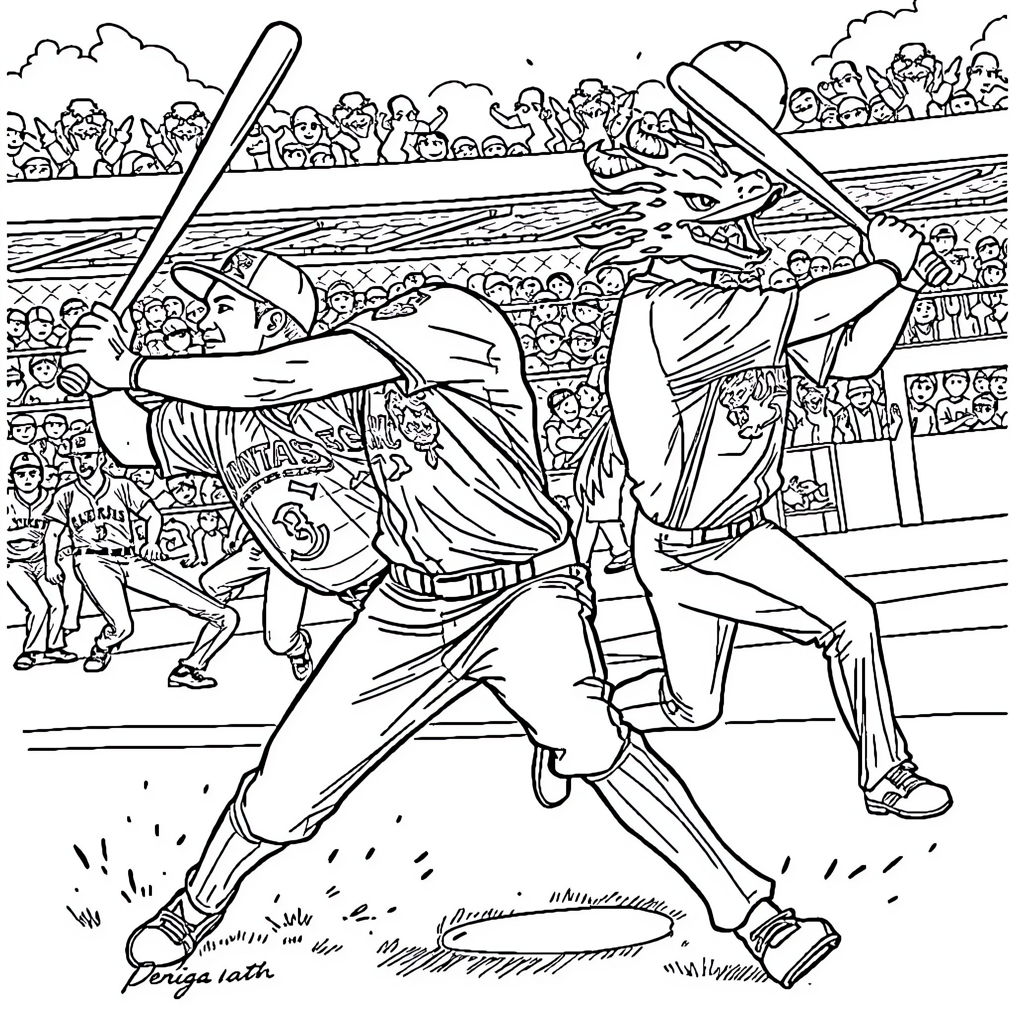 Baseball Player Batting at Home Plate in Stadium Coloring Page (free black-and-white line drawing printable PDF for all, from beginners to advanced learners, including children, teens, adults, and seniors)