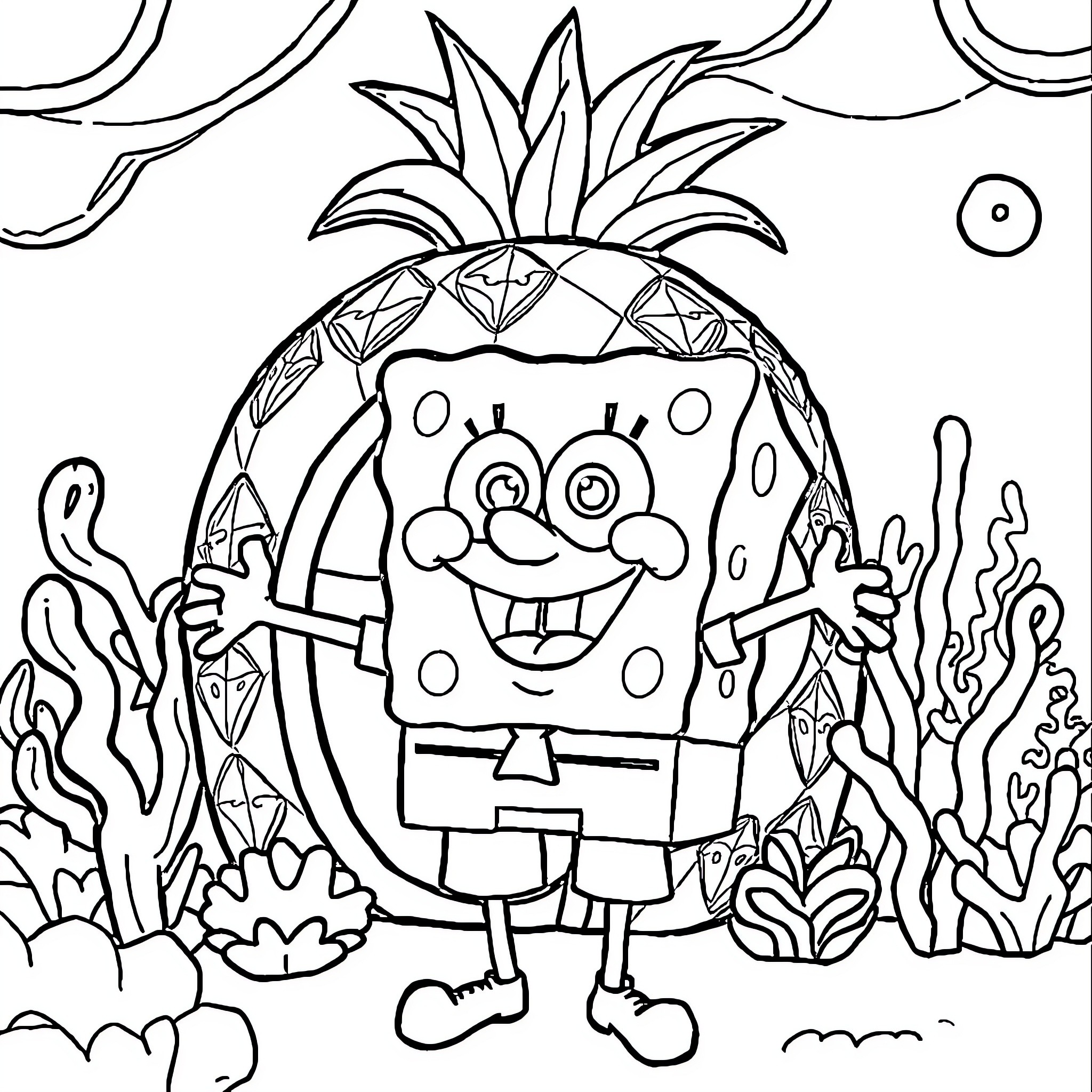 Spongebob having fun in the underwater scene Coloring Page (free black-and-white line drawing printable PDF for all, from beginners to advanced learners, including children, teens, adults, and seniors)