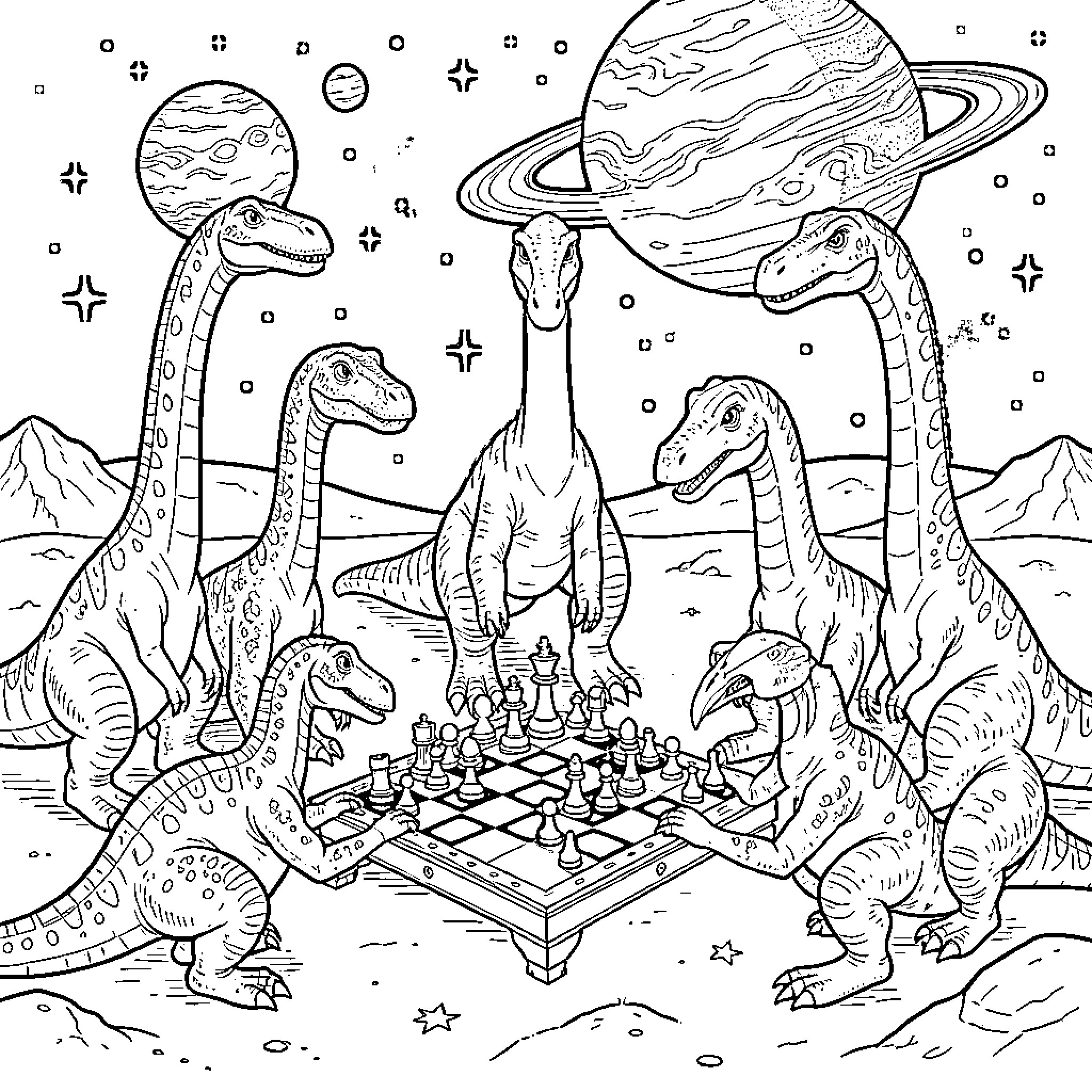 Dinosaur group gathered around a chess game in space Coloring Page (free black-and-white line drawing printable PDF for all, from beginners to advanced learners, including children, teens, adults, and seniors)