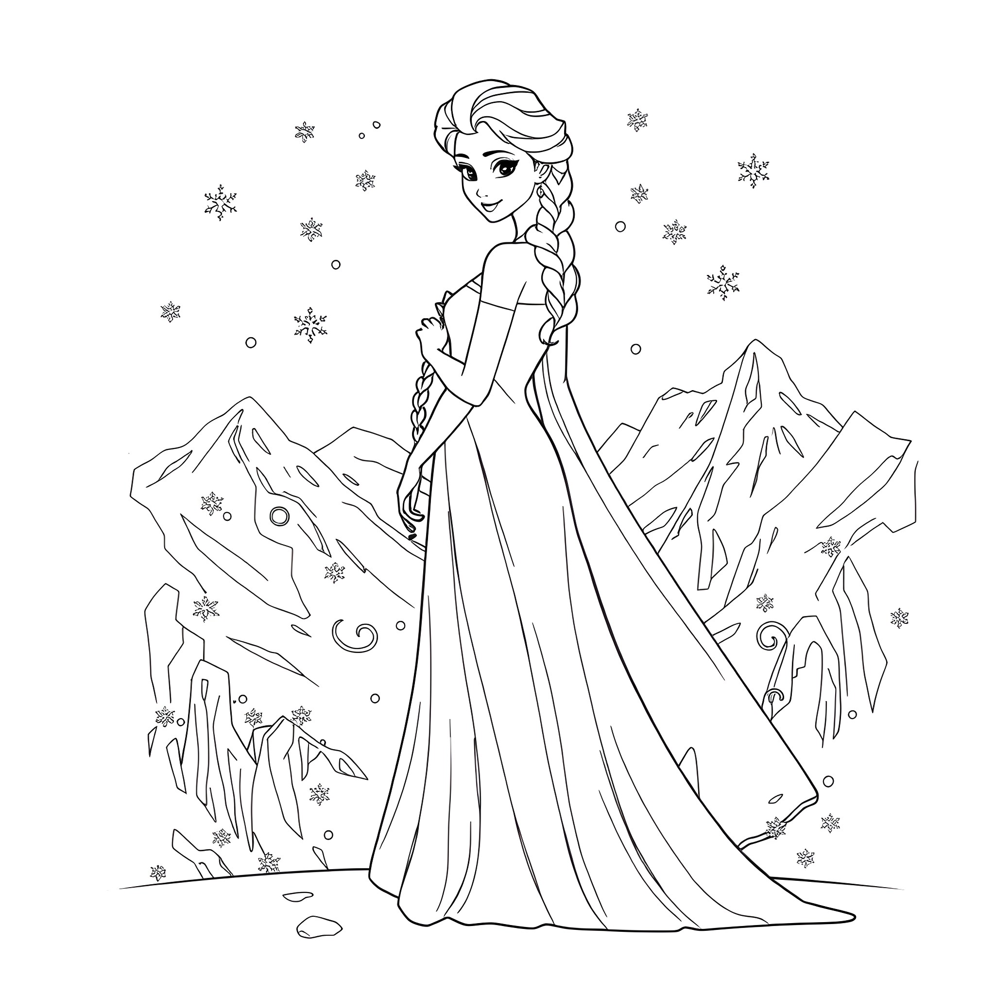 Elsa in her winter dress surrounded by snowflakes Coloring Page (free black-and-white line drawing printable PDF for all, from beginners to advanced learners, including children, teens, adults, and seniors)
