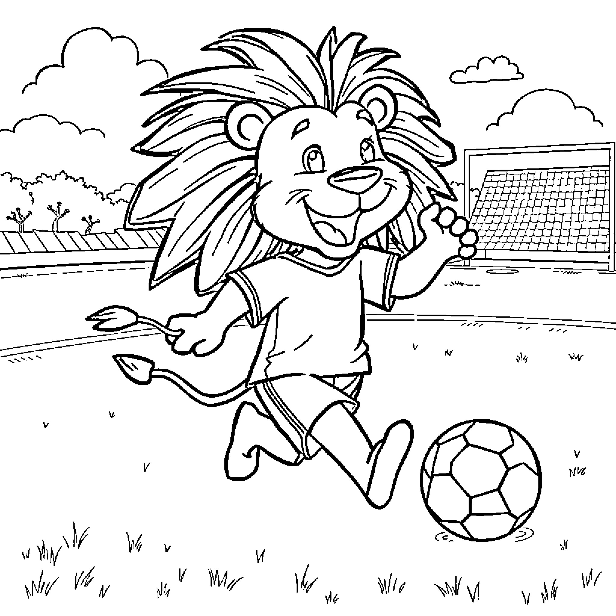 Lion playing soccer on the field Coloring Page (free black-and-white line drawing printable PDF for all, from beginners to advanced learners, including children, teens, adults, and seniors)