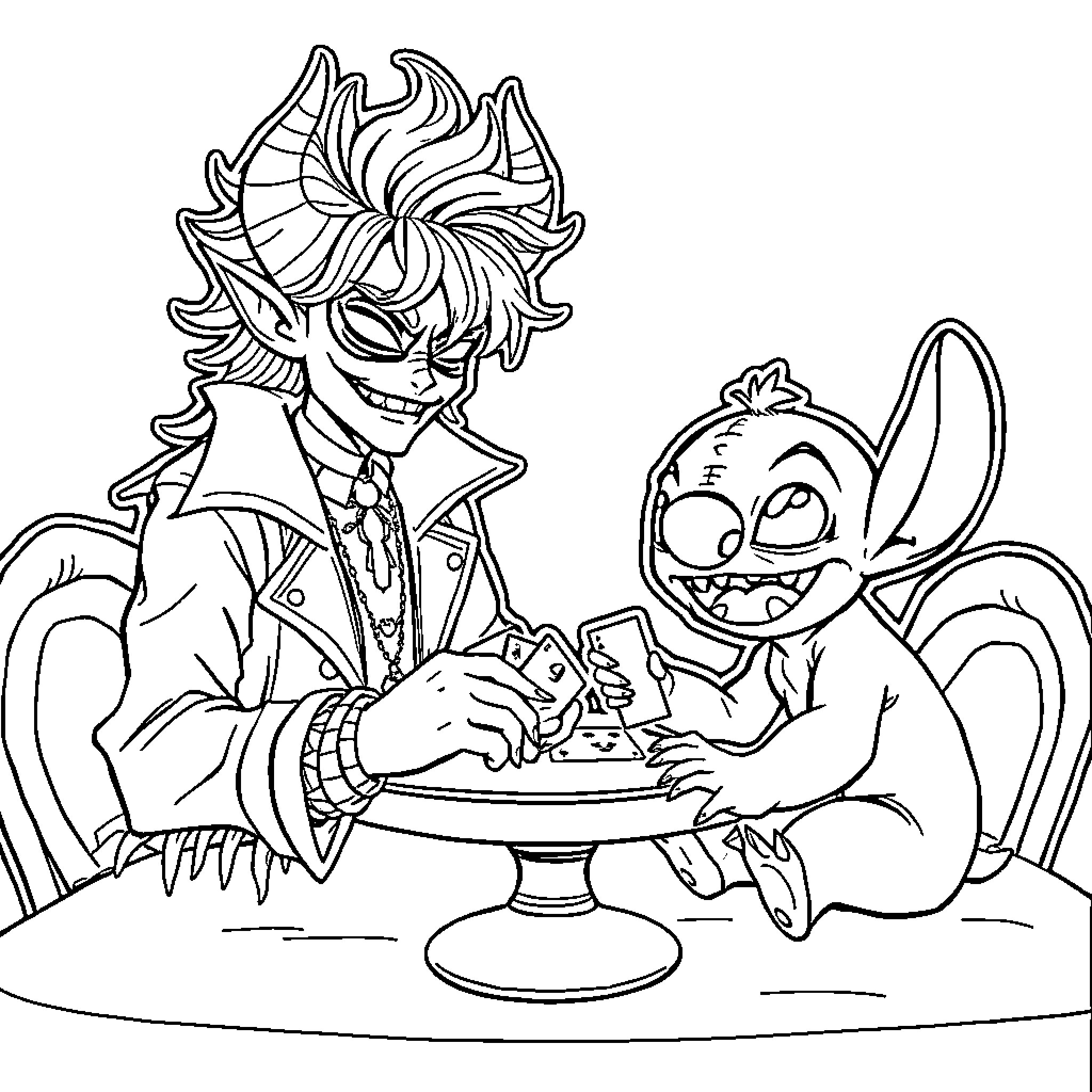 Demon-inspired characters engaged in playful gaming session Coloring Page (free black-and-white line drawing printable PDF for all, from beginners to advanced learners, including children, teens, adults, and seniors)