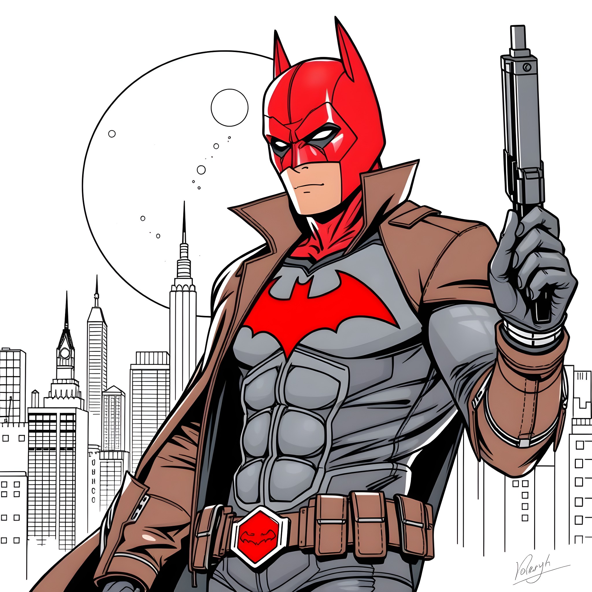 Red Hood: Vigilante Justice in the City Coloring Page (free black-and-white line drawing printable PDF for all, from beginners to advanced learners, including children, teens, adults, and seniors)
