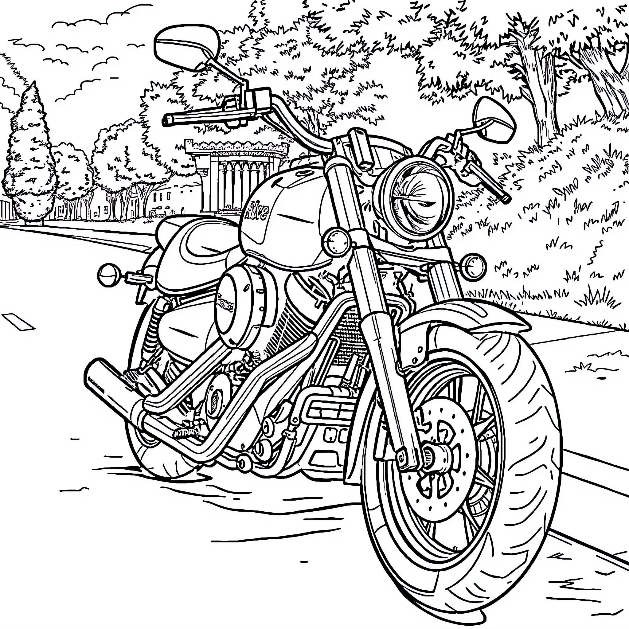 Moto Bike Ride Through Forest Landscape Coloring Page (free black-and-white line drawing printable PDF for all, from beginners to advanced learners, including children, teens, adults, and seniors)