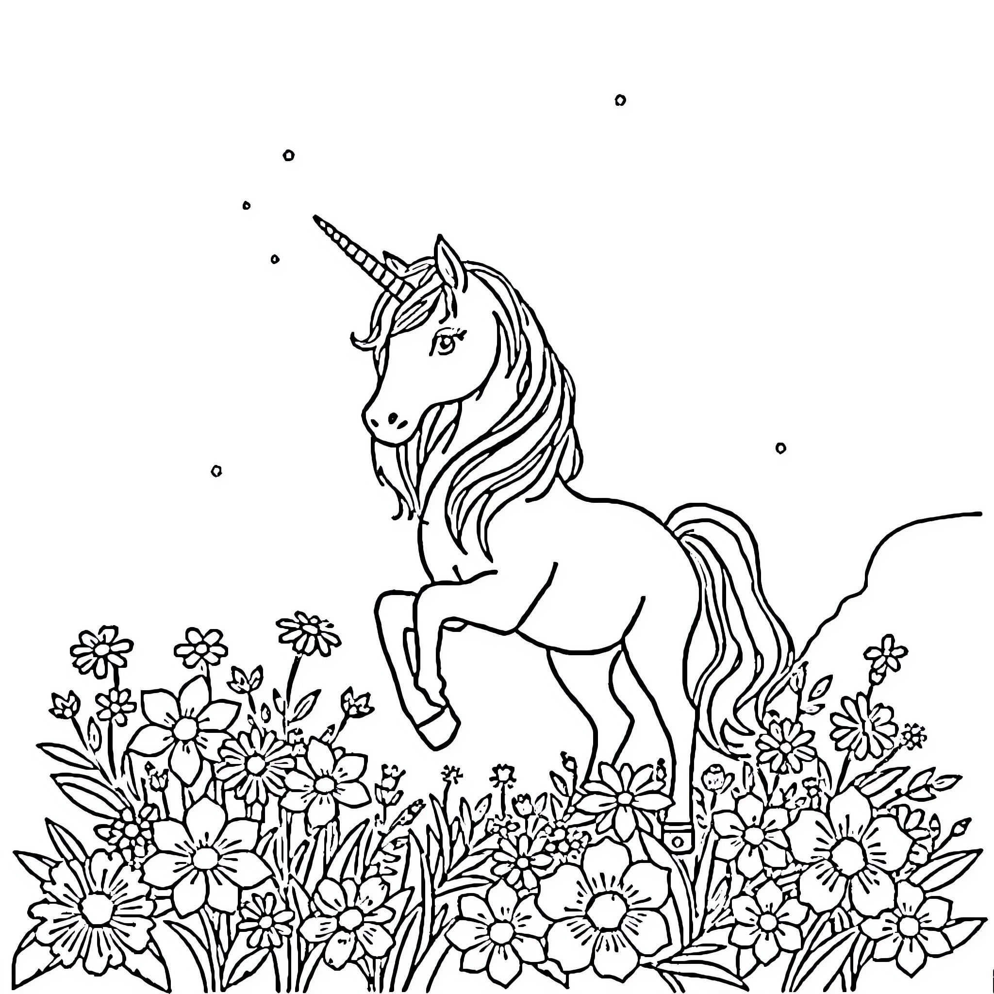 Unicorn prancing amidst a field of flowers Coloring Page (free black-and-white line drawing printable PDF for all, from beginners to advanced learners, including children, teens, adults, and seniors)