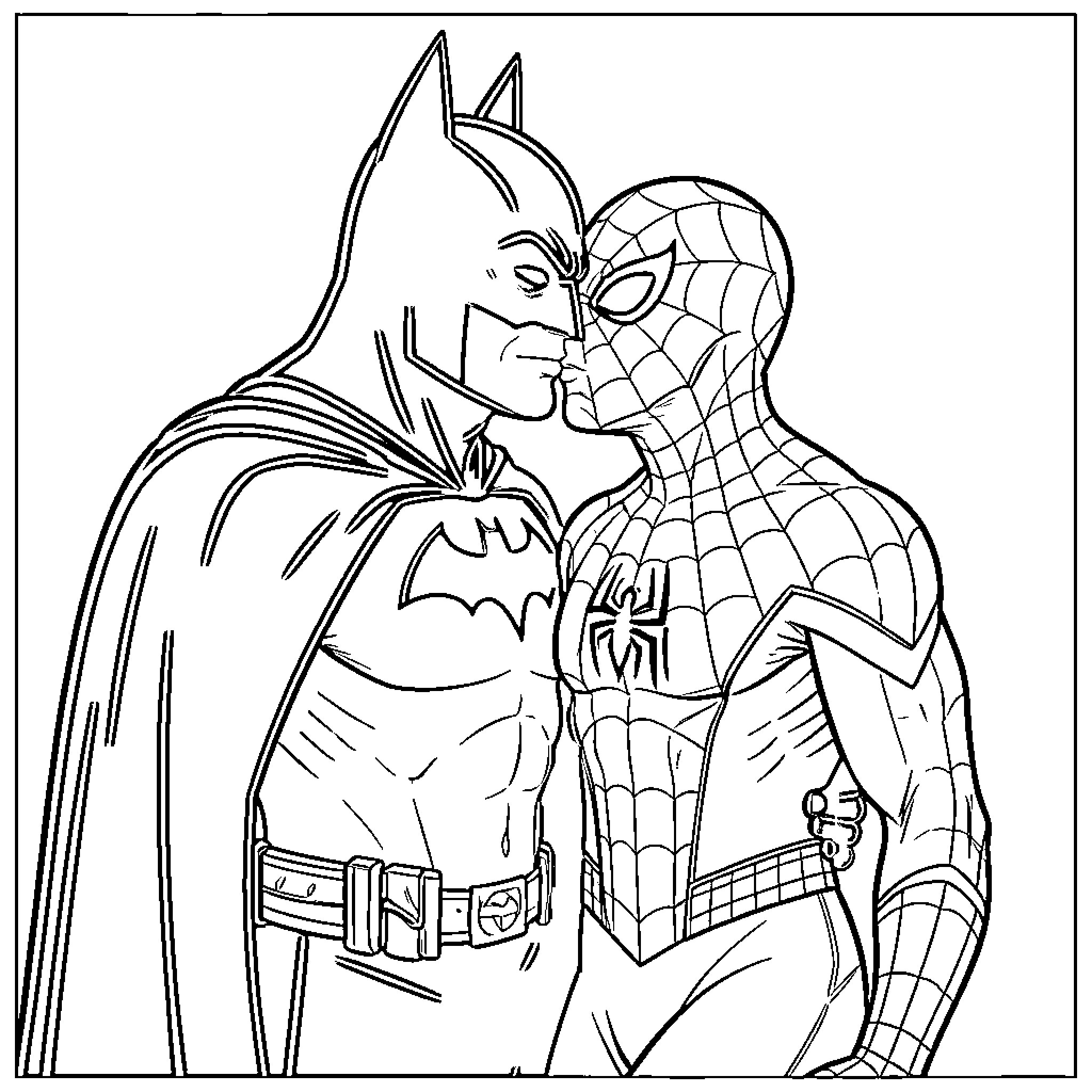 Batman and Spiderman facing each other in costumes Coloring Page (free black-and-white line drawing printable PDF for all, from beginners to advanced learners, including children, teens, adults, and seniors)