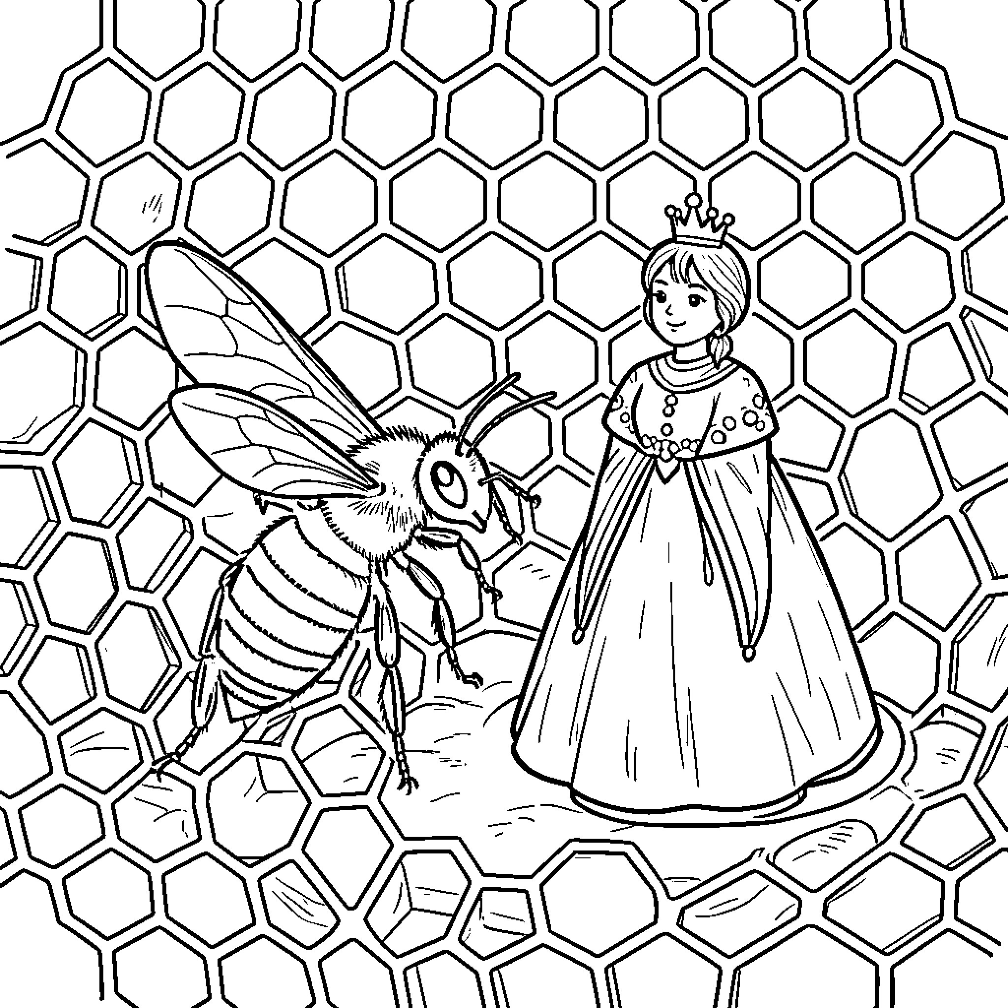Bee meeting a little princess in a honeycomb Coloring Page (free black-and-white line drawing printable PDF for all, from beginners to advanced learners, including children, teens, adults, and seniors)