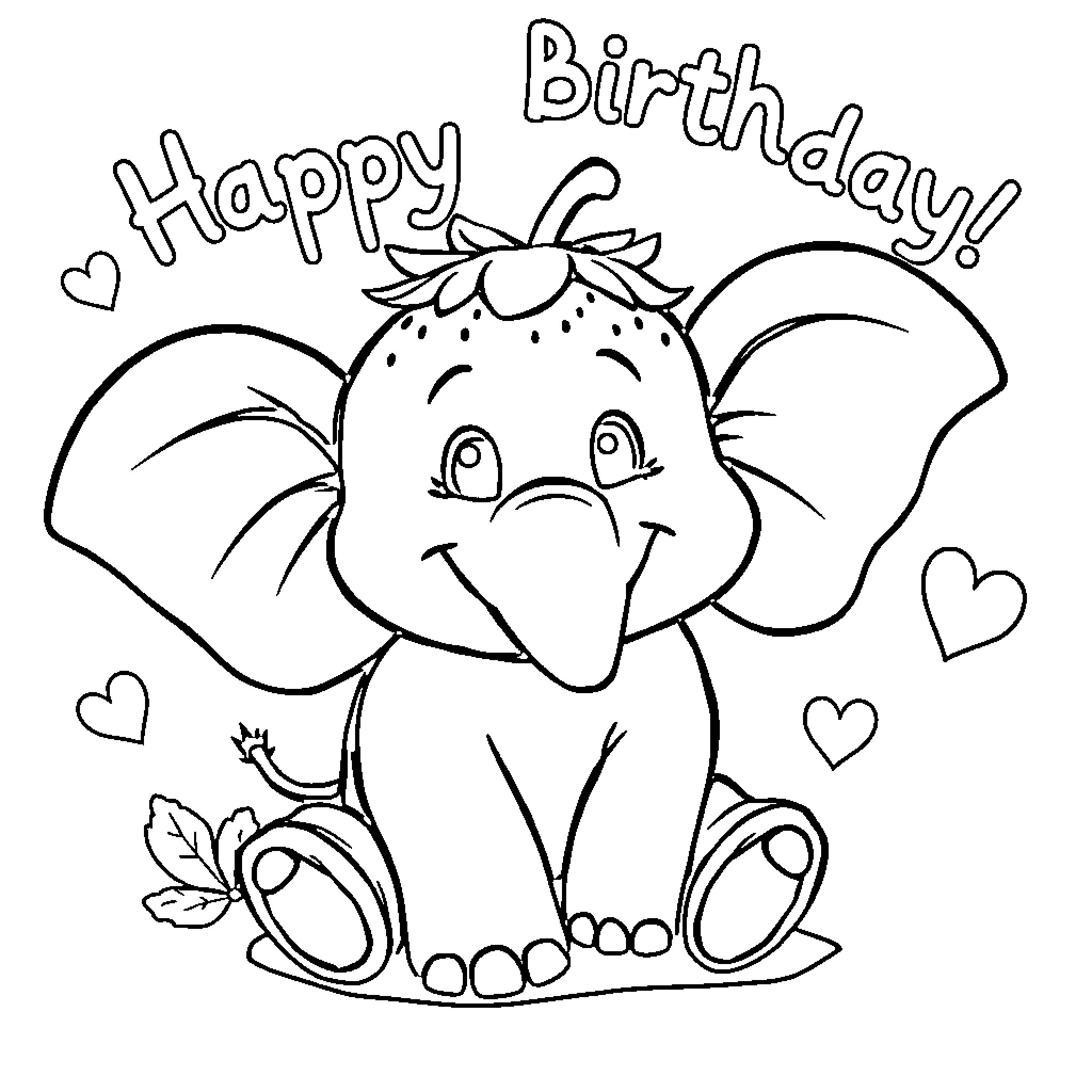 Elephant celebrating a Happy Birthday Coloring Page (free black-and-white line drawing printable PDF for all, from beginners to advanced learners, including children, teens, adults, and seniors)