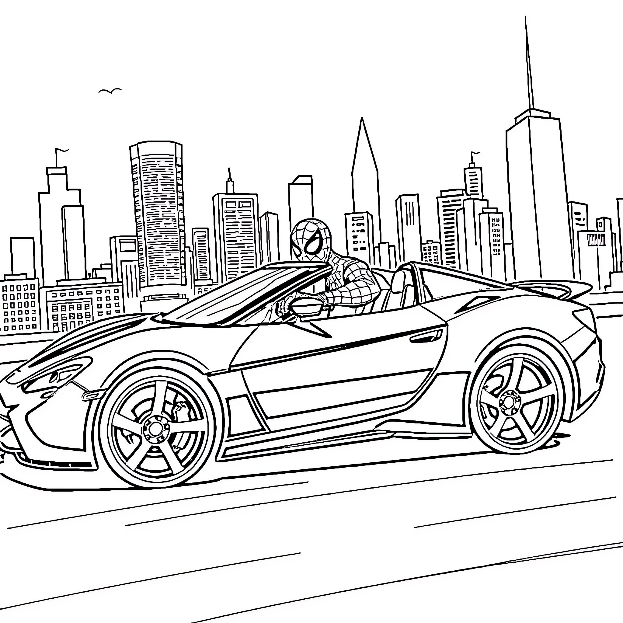 Spider-Man driving a sports car through the city Coloring Page (free black-and-white line drawing printable PDF for all, from beginners to advanced learners, including children, teens, adults, and seniors)