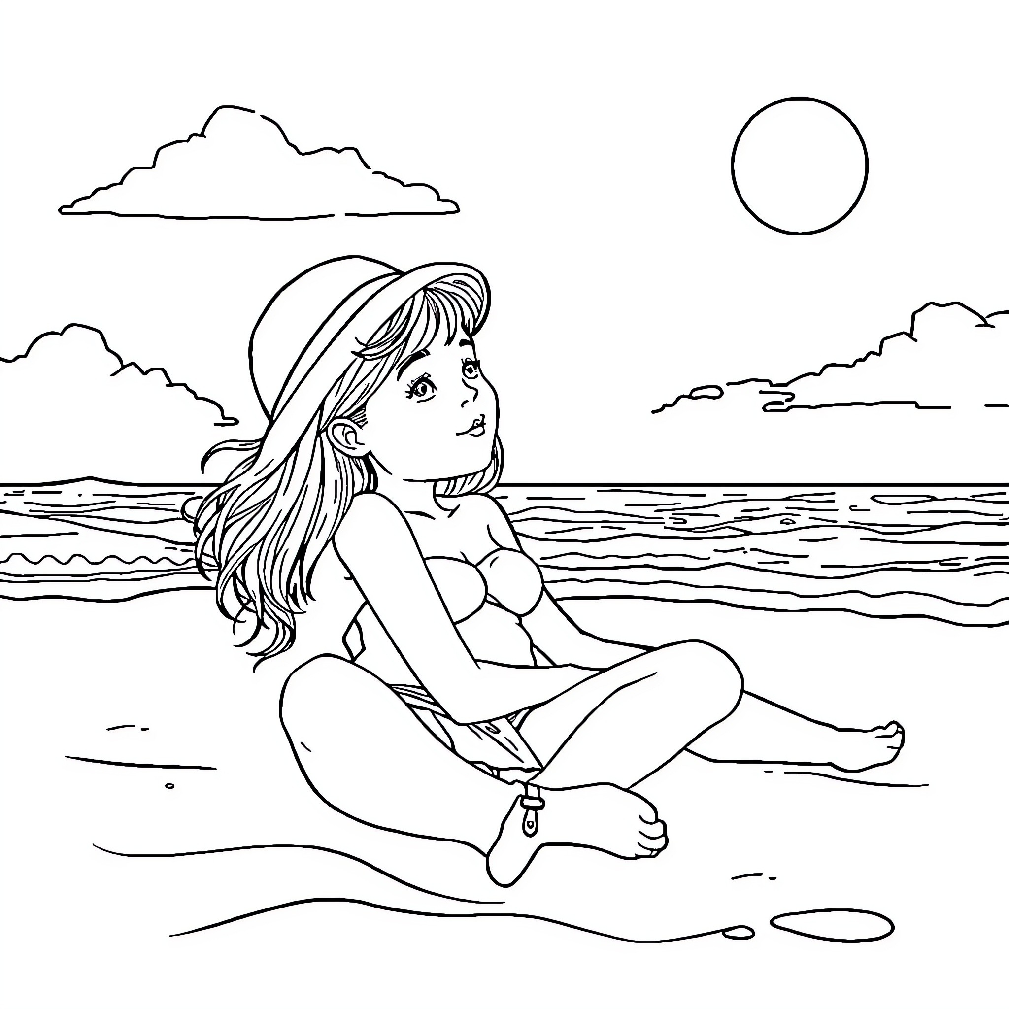 Girl enjoying a sunny day at the beach Coloring Page (free black-and-white line drawing printable PDF for all, from beginners to advanced learners, including children, teens, adults, and seniors)