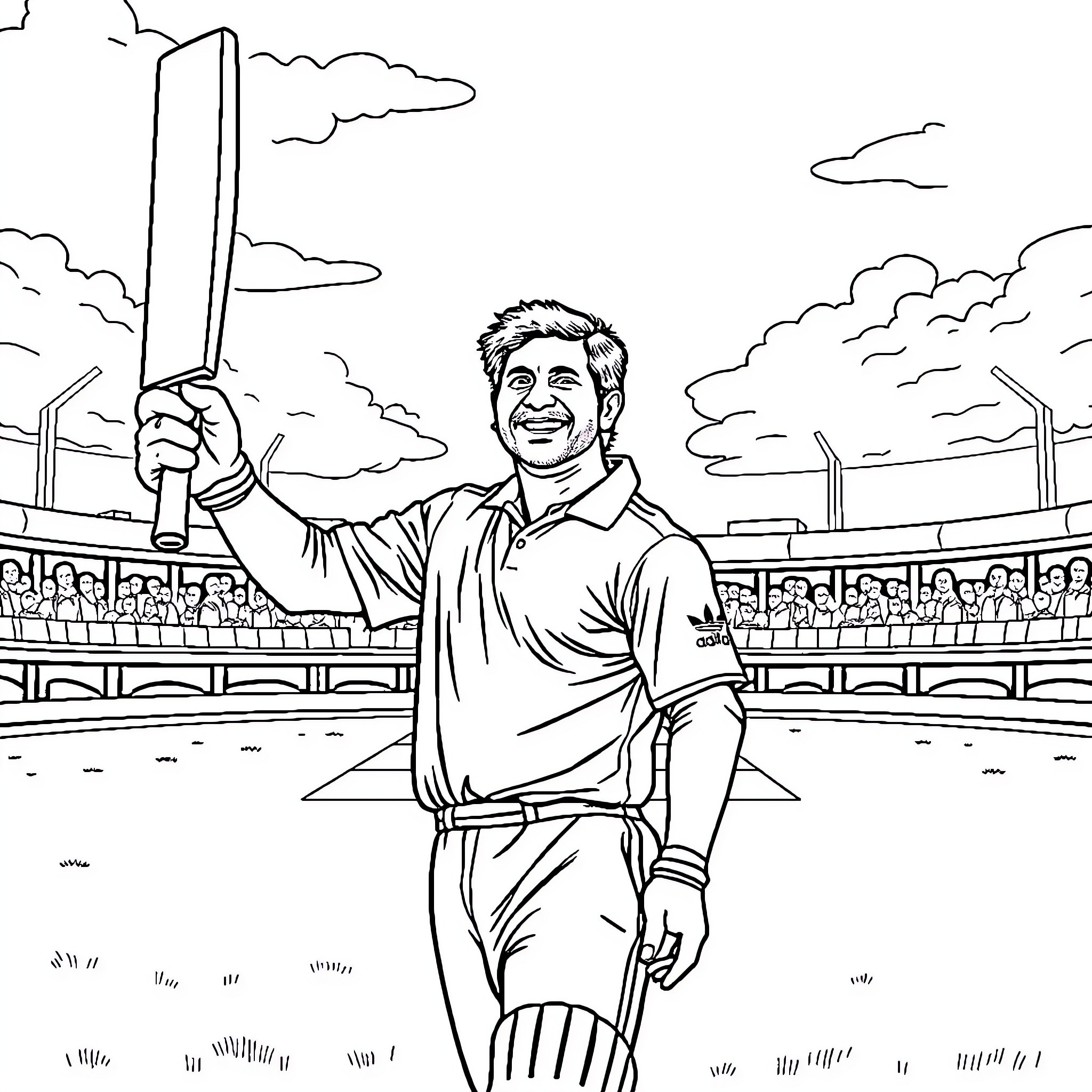 Sachin Tendulkar celebrates cricket victory in stadium Coloring Page (free black-and-white line drawing printable PDF for all, from beginners to advanced learners, including children, teens, adults, and seniors)