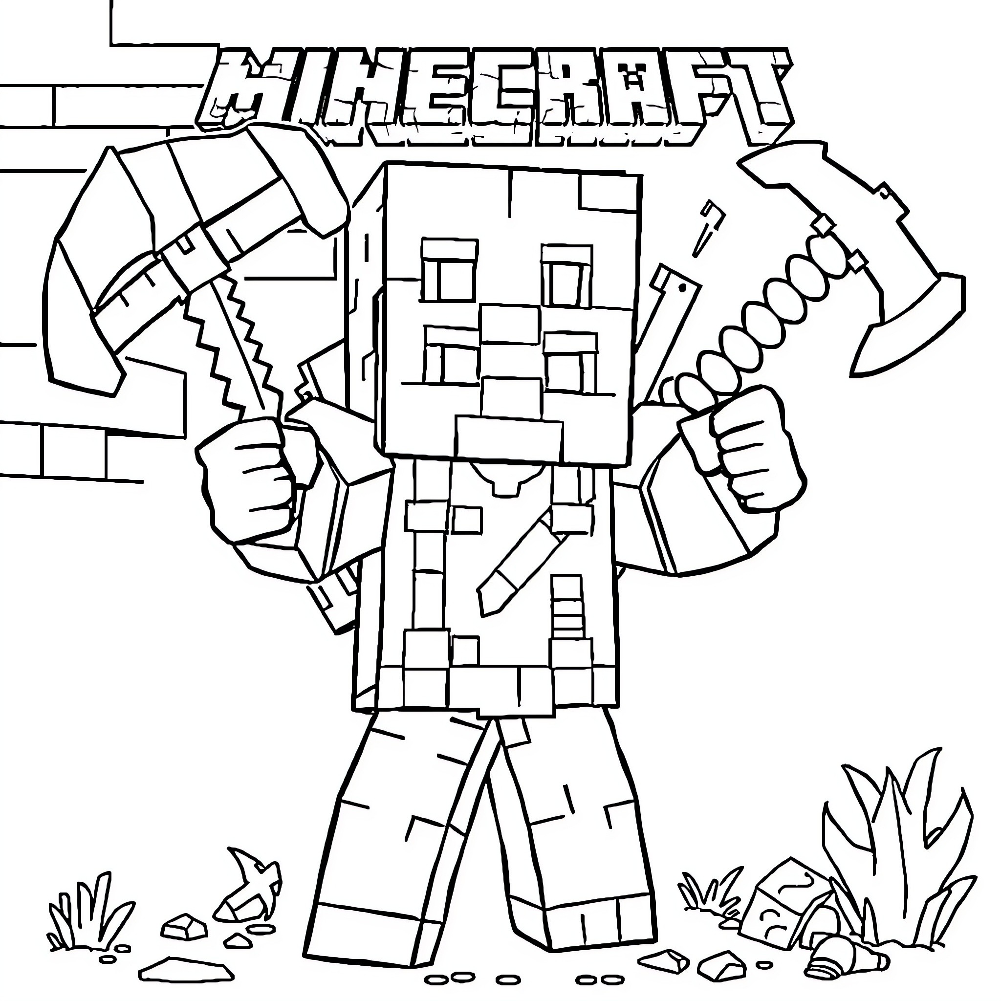Minecraft character wielding tools in the game world Coloring Page (free black-and-white line drawing printable PDF for all, from beginners to advanced learners, including children, teens, adults, and seniors)