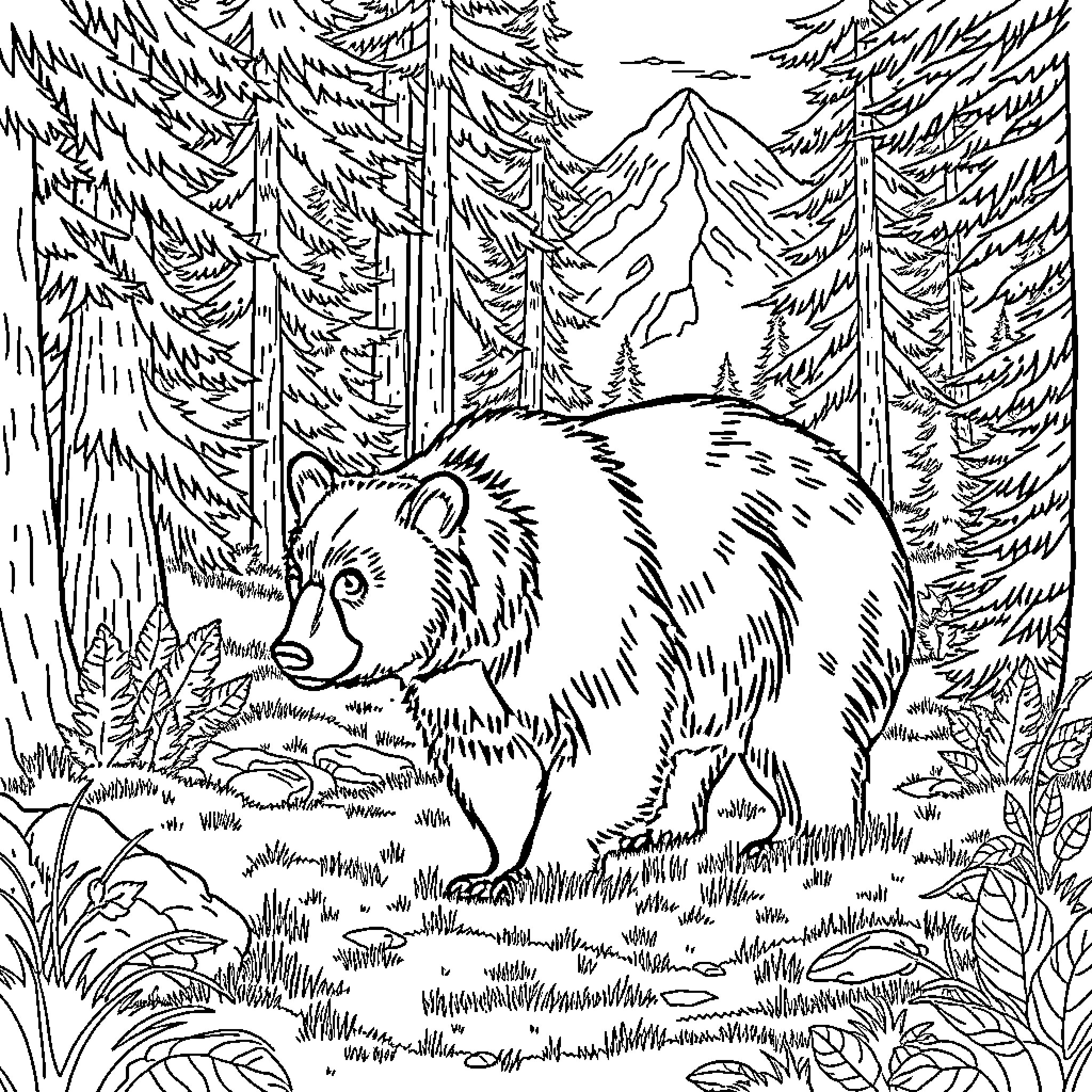 Bear exploring the serene forest landscape Coloring Page (free black-and-white line drawing printable PDF for all, from beginners to advanced learners, including children, teens, adults, and seniors)