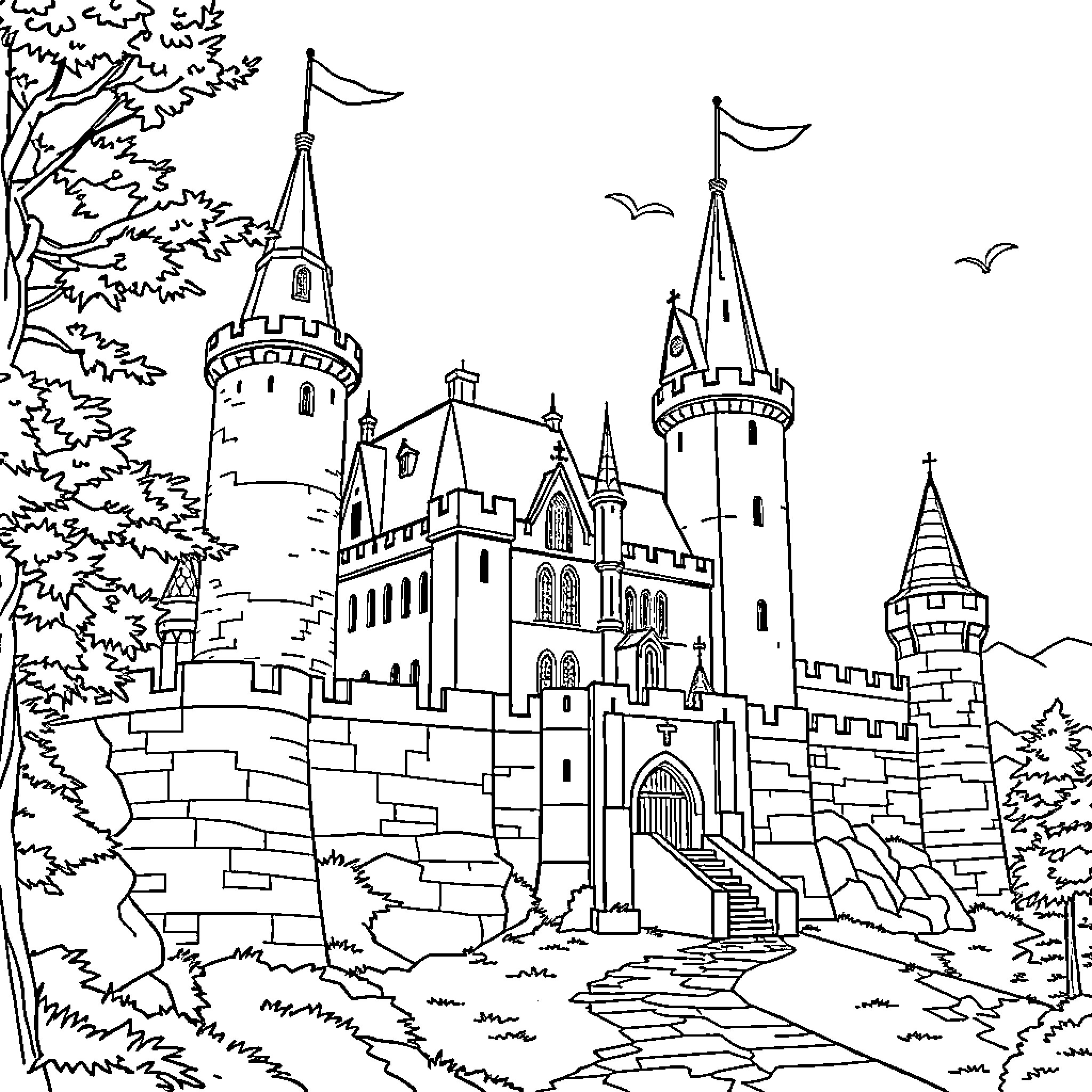 Castle with Towers, Turrets, and Flags Coloring Page (free black-and-white line drawing printable PDF for all, from beginners to advanced learners, including children, teens, adults, and seniors)
