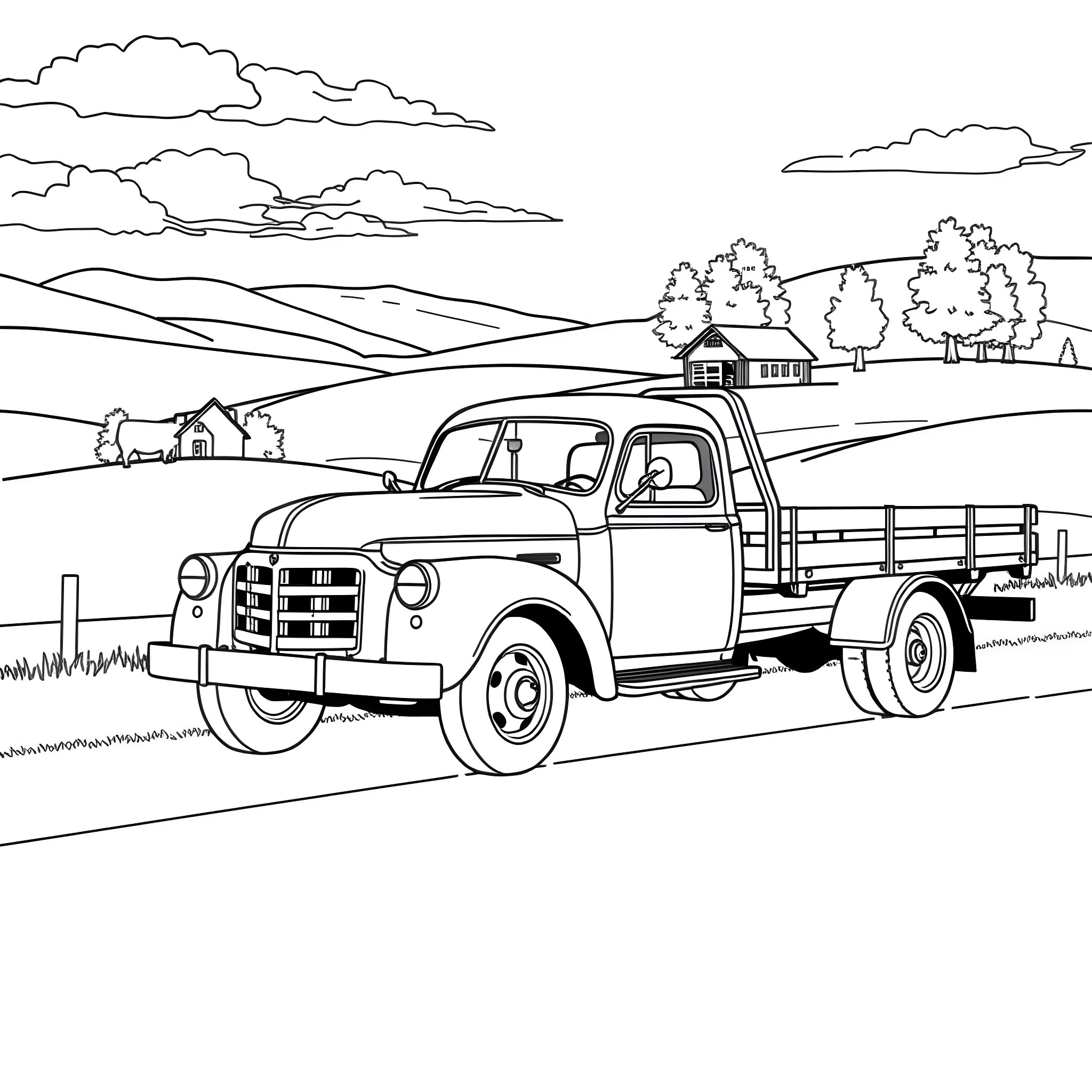 Flatbed truck traveling through rural landscape Coloring Page (free black-and-white line drawing printable PDF for all, from beginners to advanced learners, including children, teens, adults, and seniors)