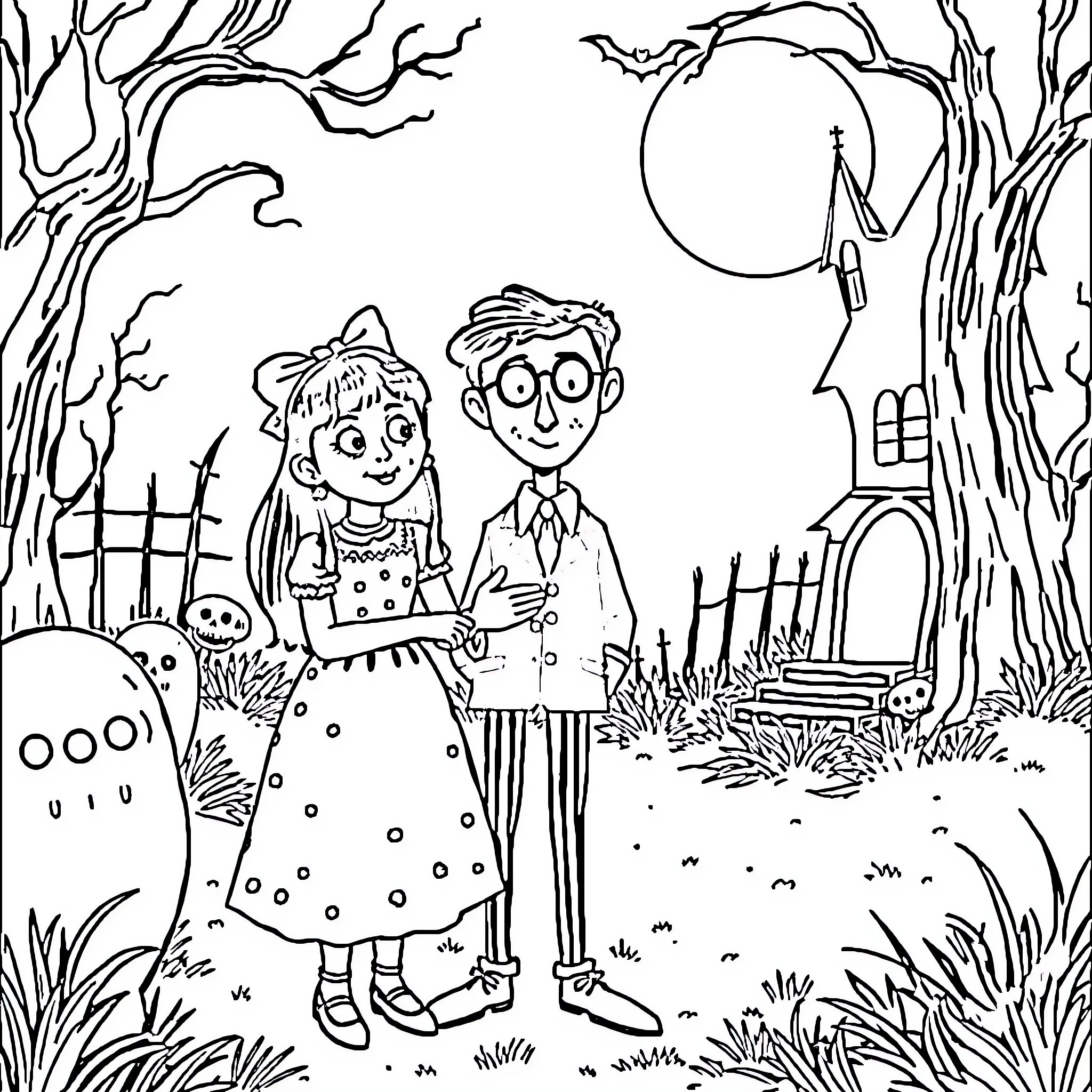 Wednesday Addams and friend explore the spooky forest Coloring Page (free black-and-white line drawing printable PDF for all, from beginners to advanced learners, including children, teens, adults, and seniors)