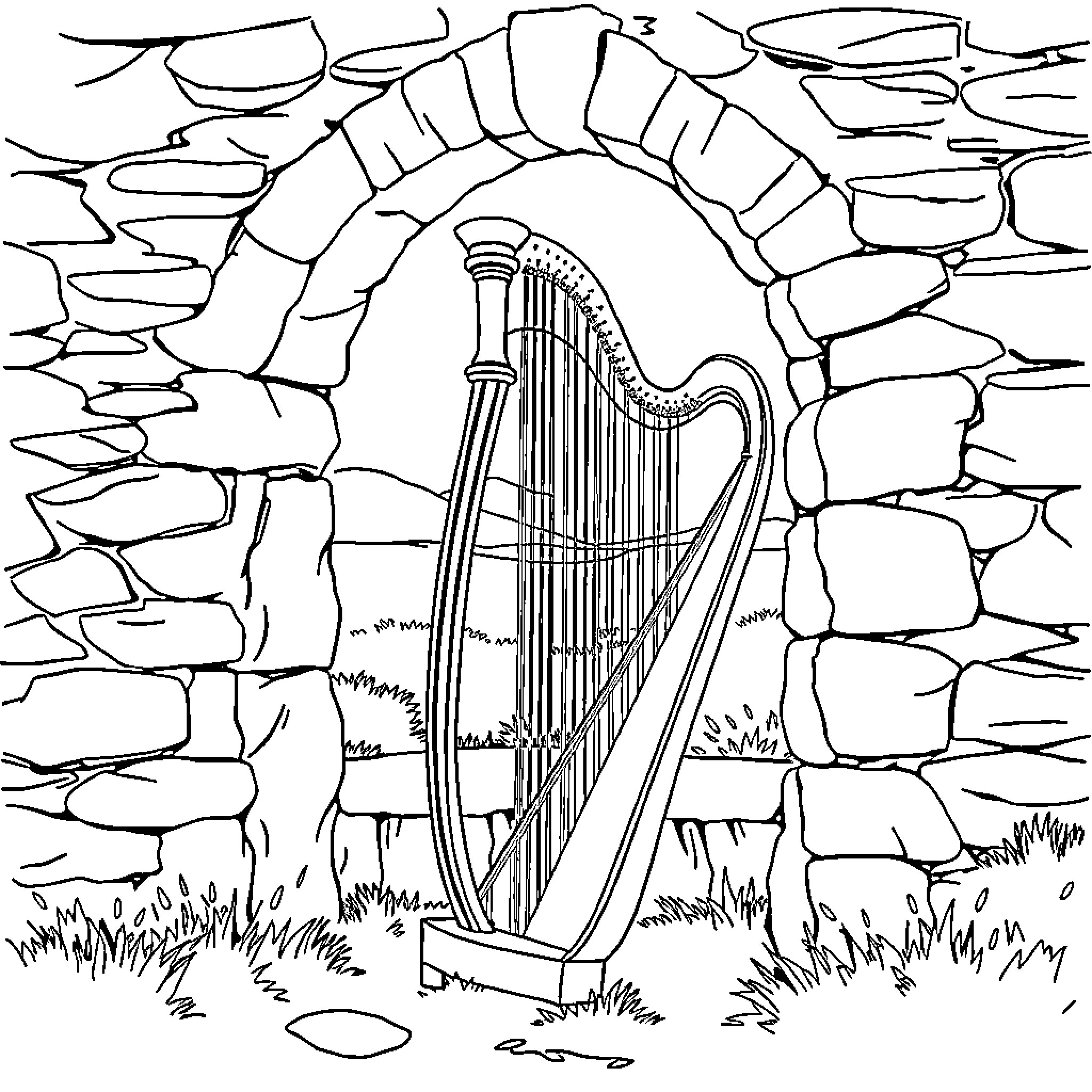 Harp in an Archway of Stones Coloring Page (free black-and-white line drawing printable PDF for all, from beginners to advanced learners, including children, teens, adults, and seniors)