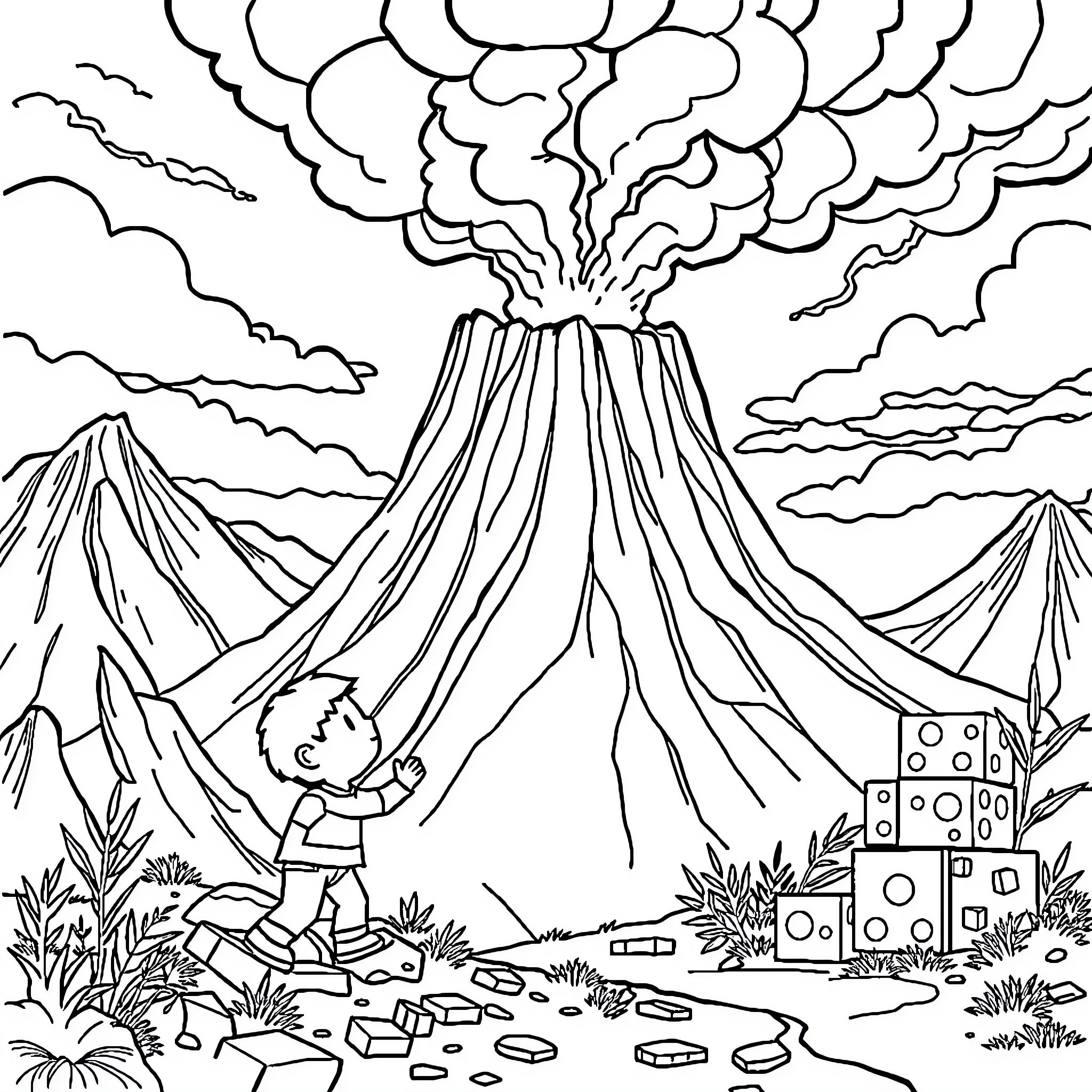 Volcano erupting with a person and buildings in the foreground Coloring Page (free black-and-white line drawing printable PDF for all, from beginners to advanced learners, including children, teens, adults, and seniors)