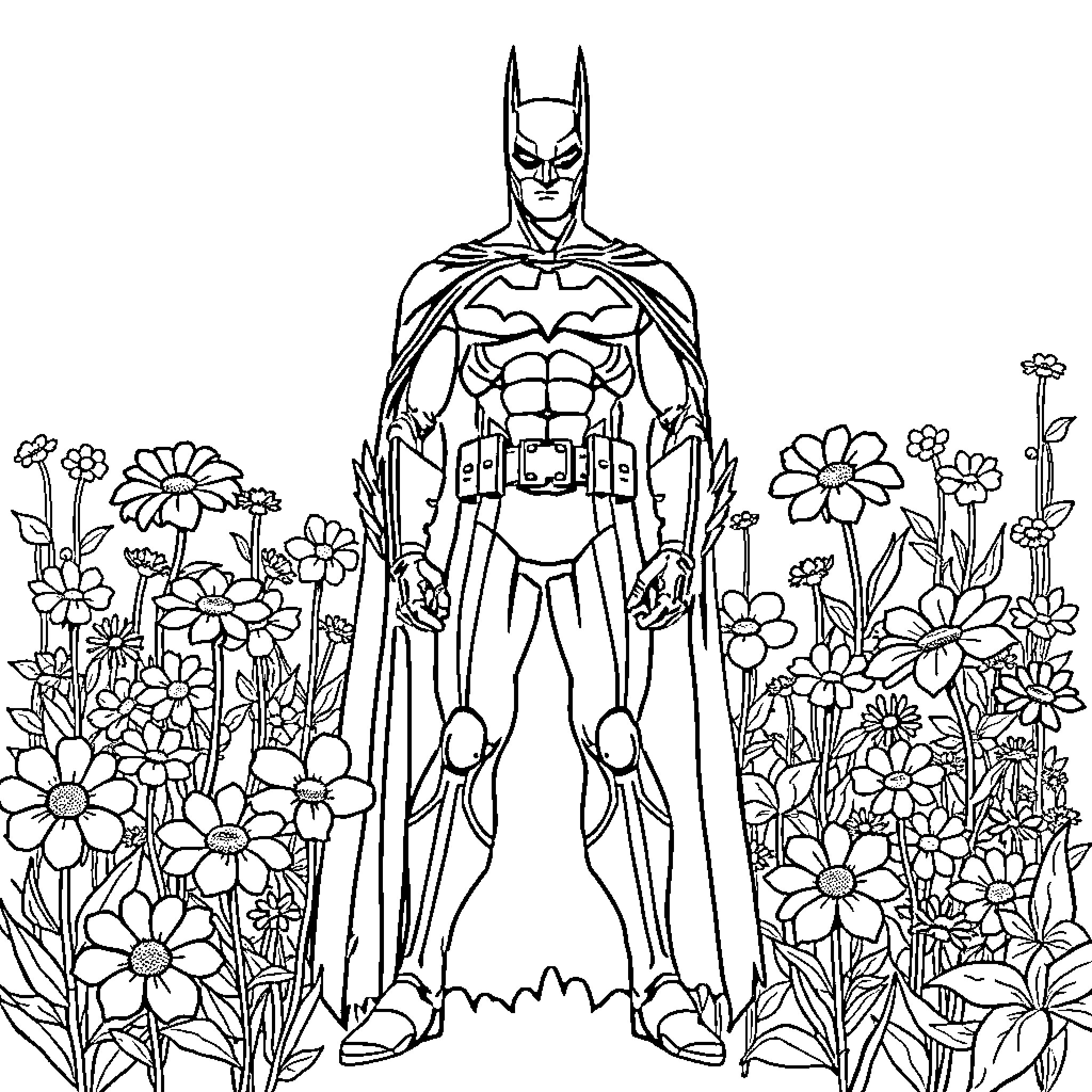 Batman standing tall among blooming flowers Coloring Page (free black-and-white line drawing printable PDF for all, from beginners to advanced learners, including children, teens, adults, and seniors)